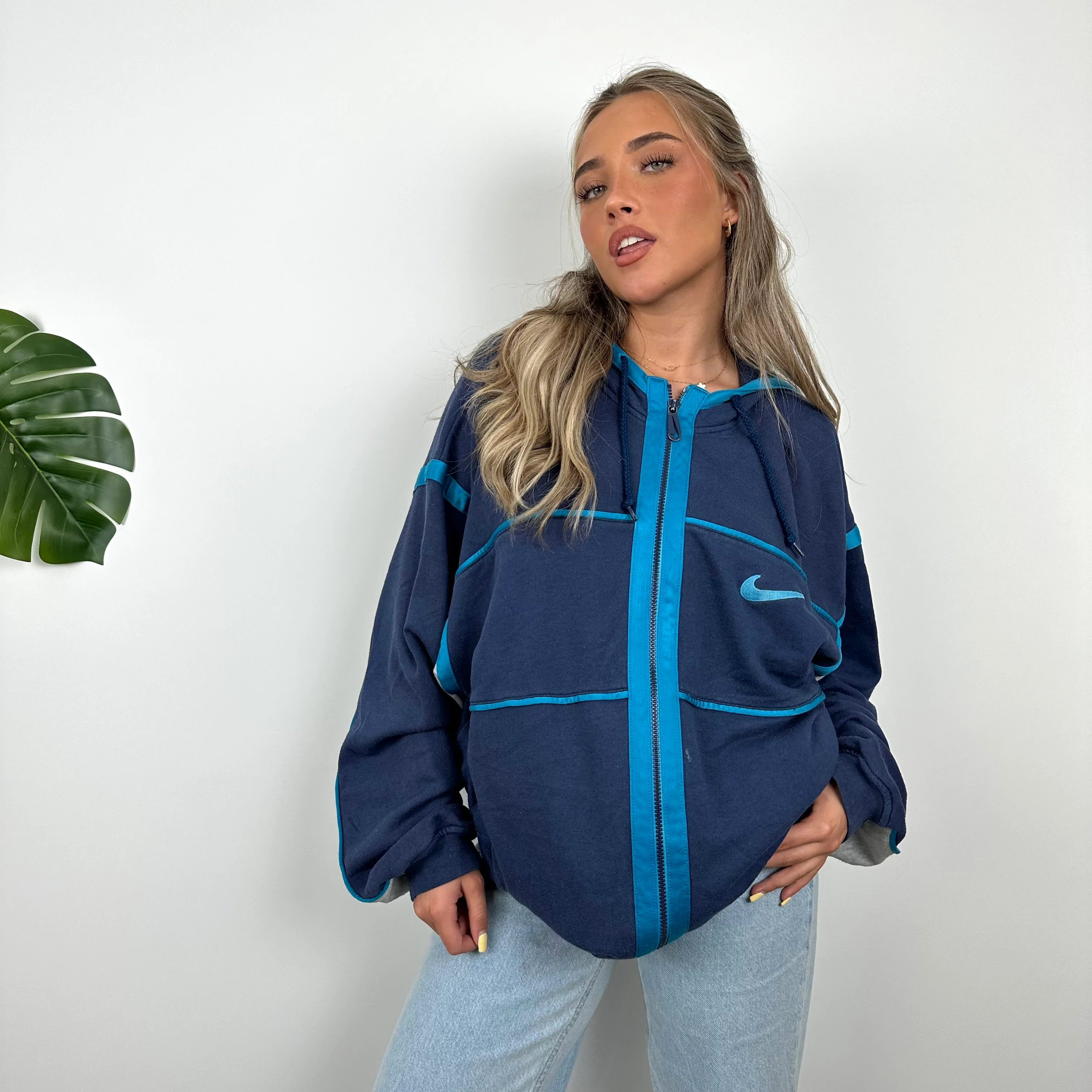 Nike RARE Navy Embroidered Spell Out Zip Up Hoodie Jacket (L) - Image 5