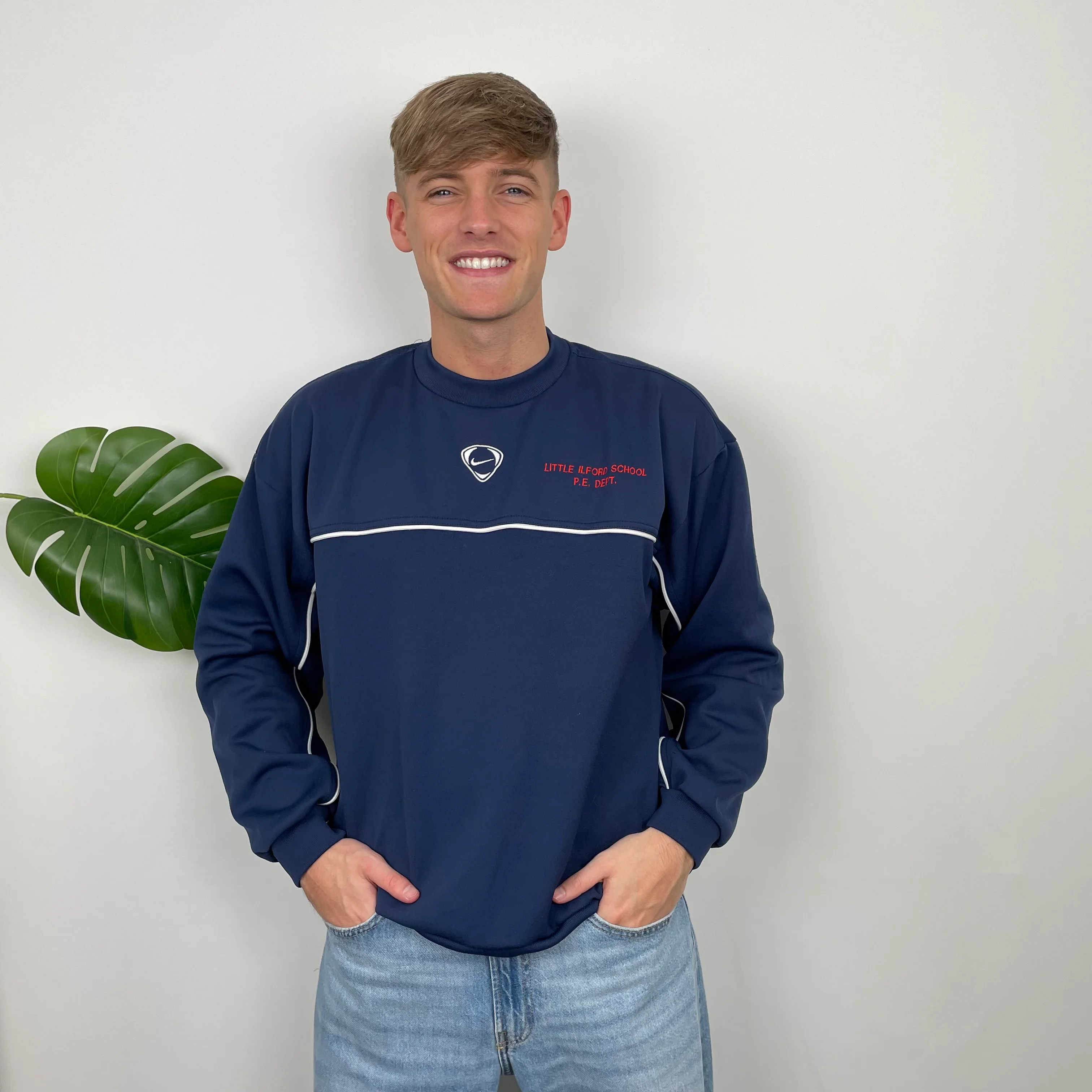 Nike RARE Navy Embroidered Swoosh Sweatshirt (M) - Image 2