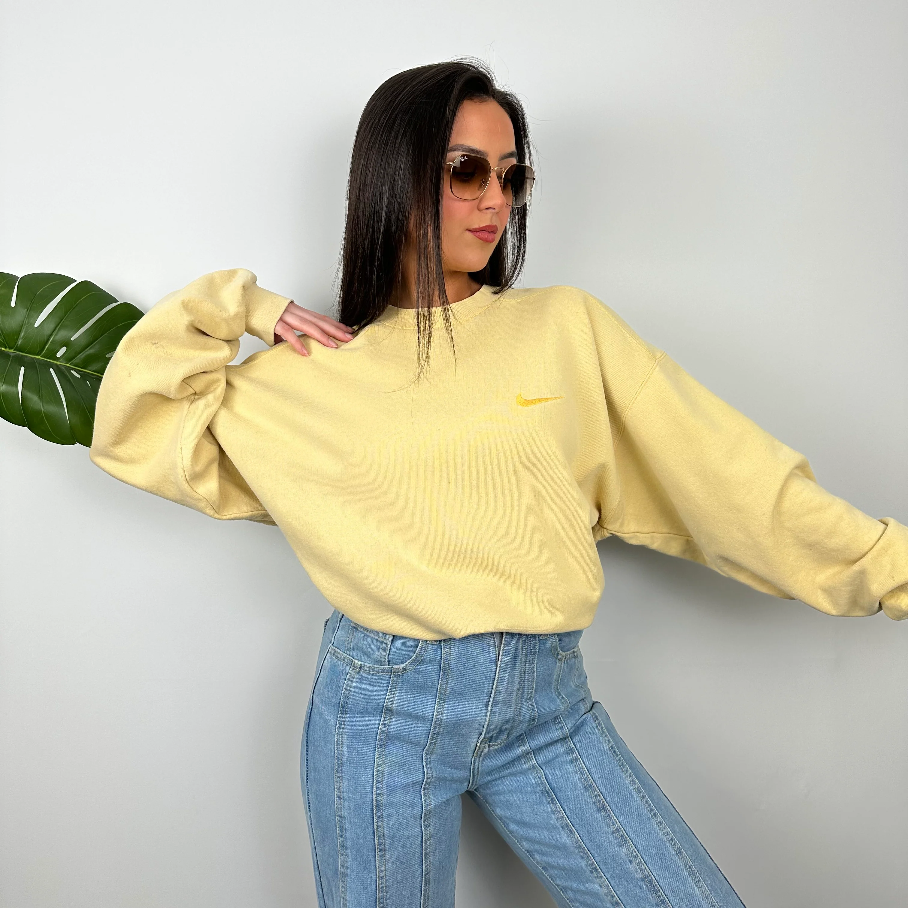 Nike RARE Pastel Yellow Embroidered Swoosh Sweatshirt (L) - Image 2
