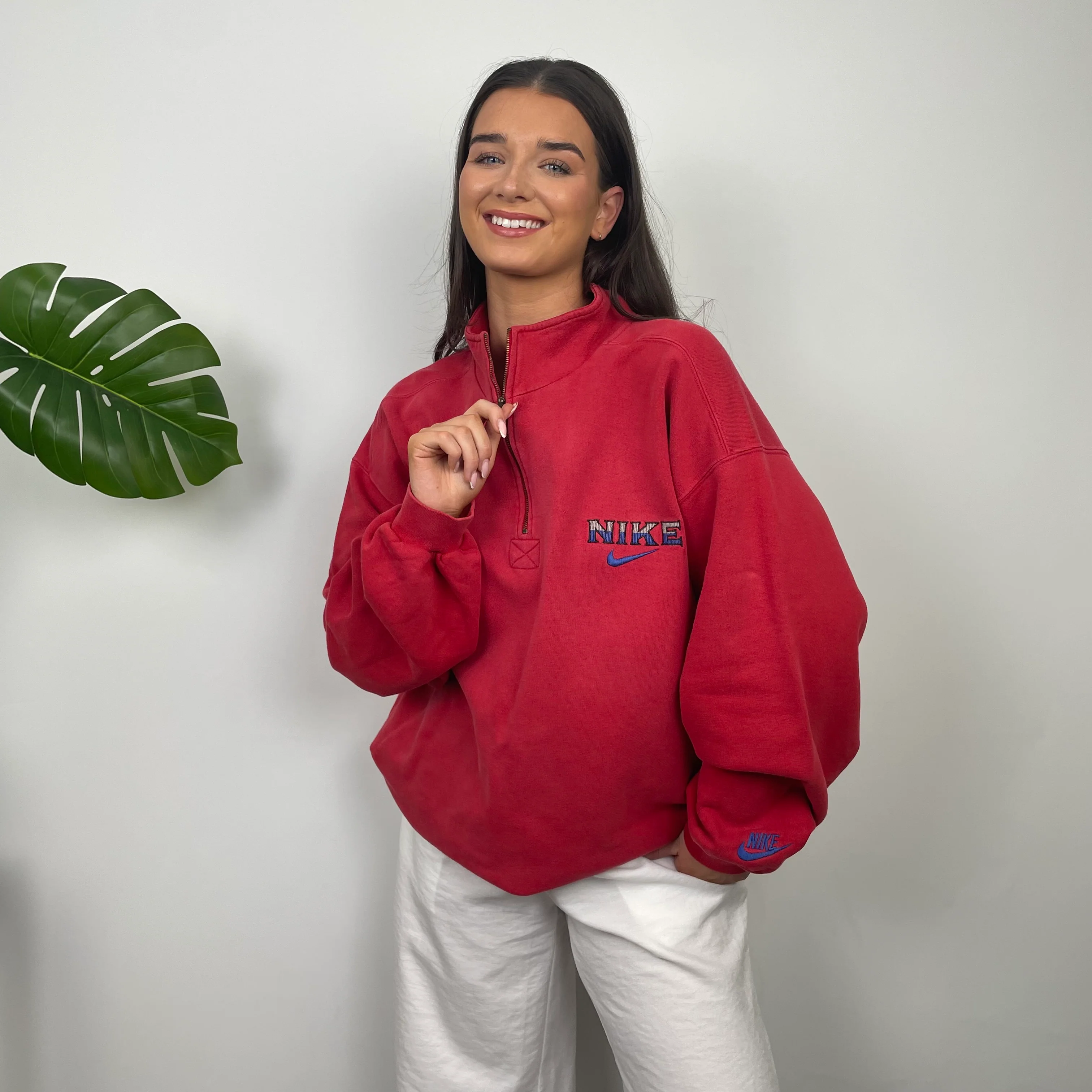 Nike RARE Red Embroidered Spell Out Quarter Zip Sweatshirt (XL) - Image 2