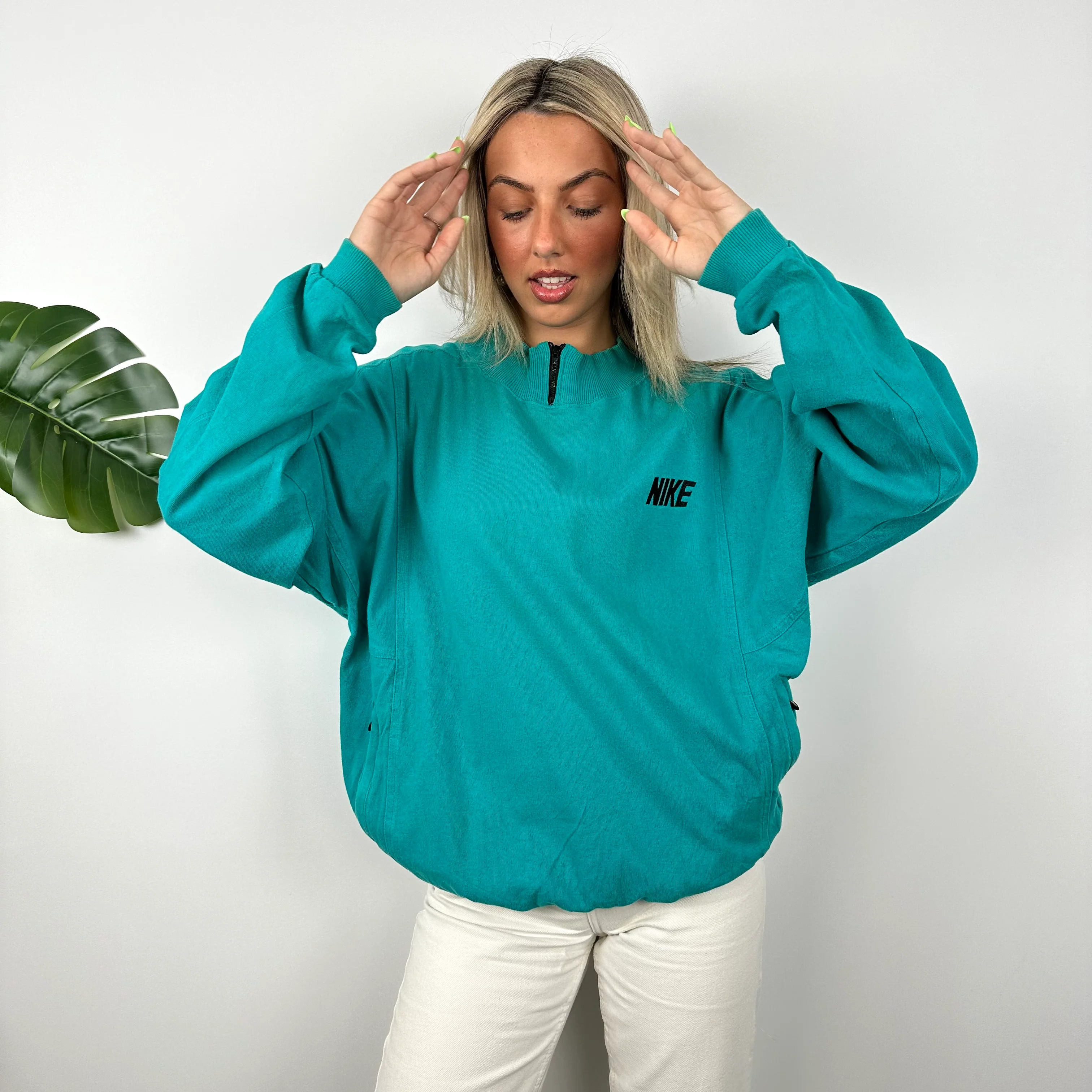 Nike RARE Turquoise Embroidered Spell Out Sweatshirt (L) - Image 2