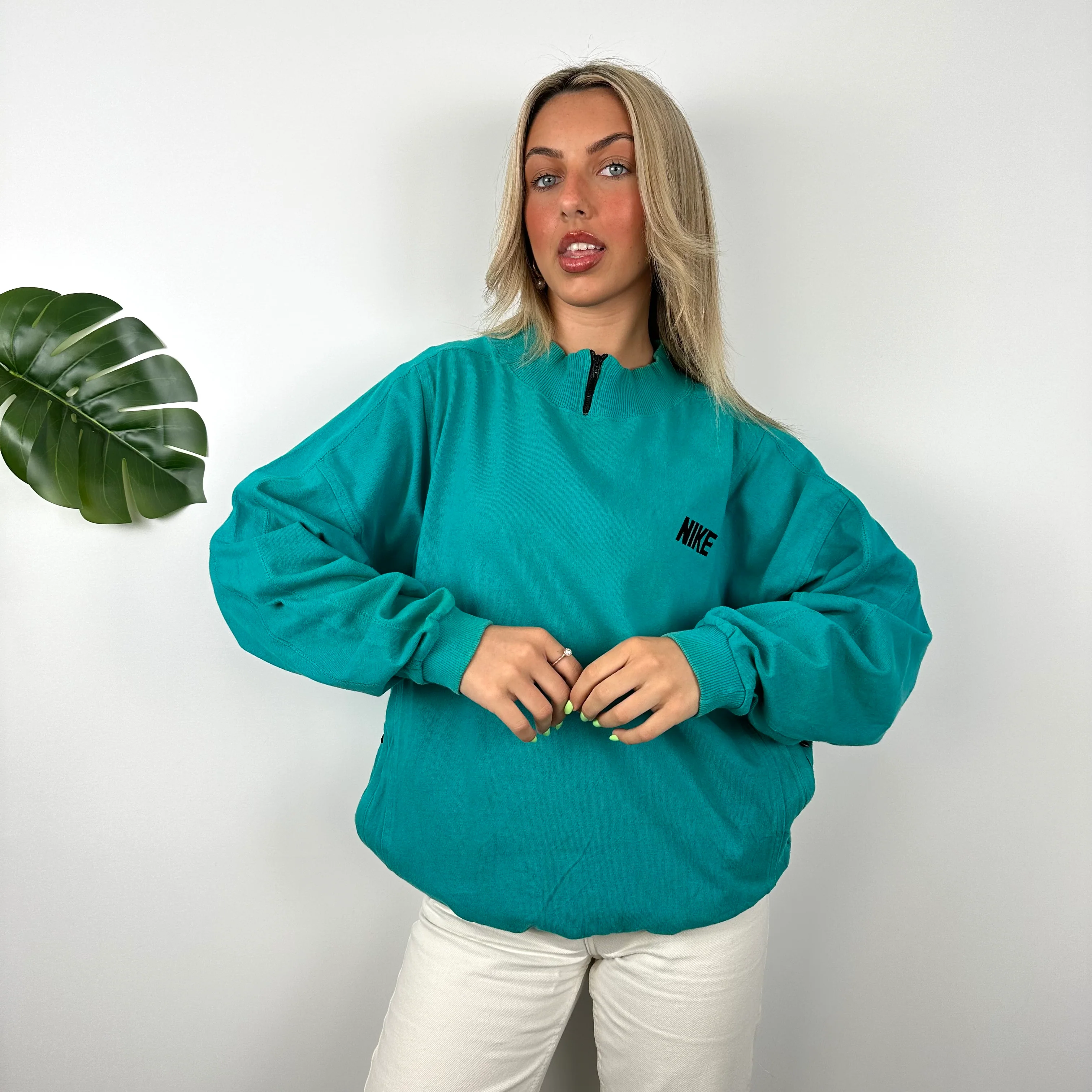 Nike RARE Turquoise Embroidered Spell Out Sweatshirt (L) - Image 3