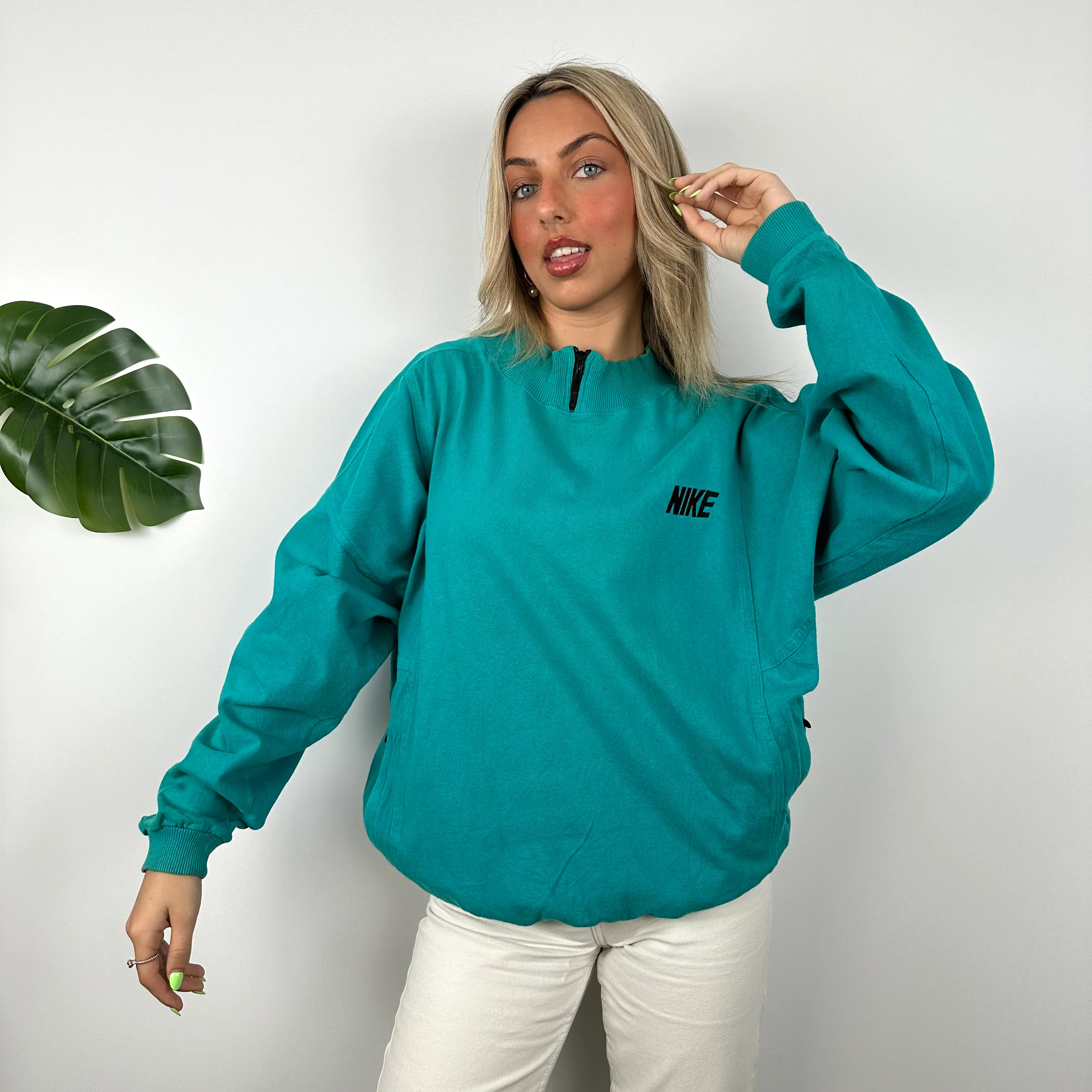 Nike RARE Turquoise Embroidered Spell Out Sweatshirt (L) - Image 4