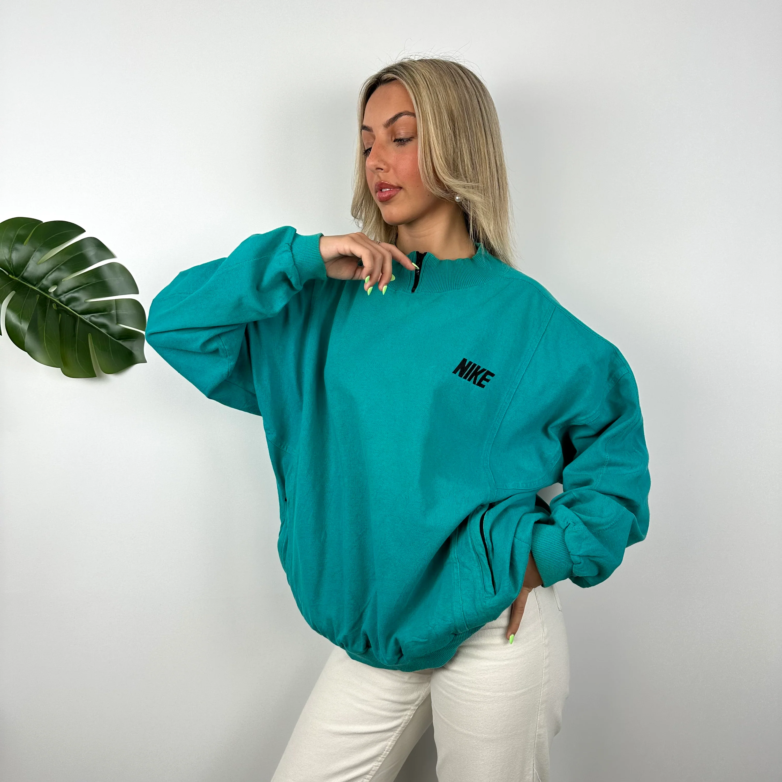 Nike RARE Turquoise Embroidered Spell Out Sweatshirt (L) - Image 5
