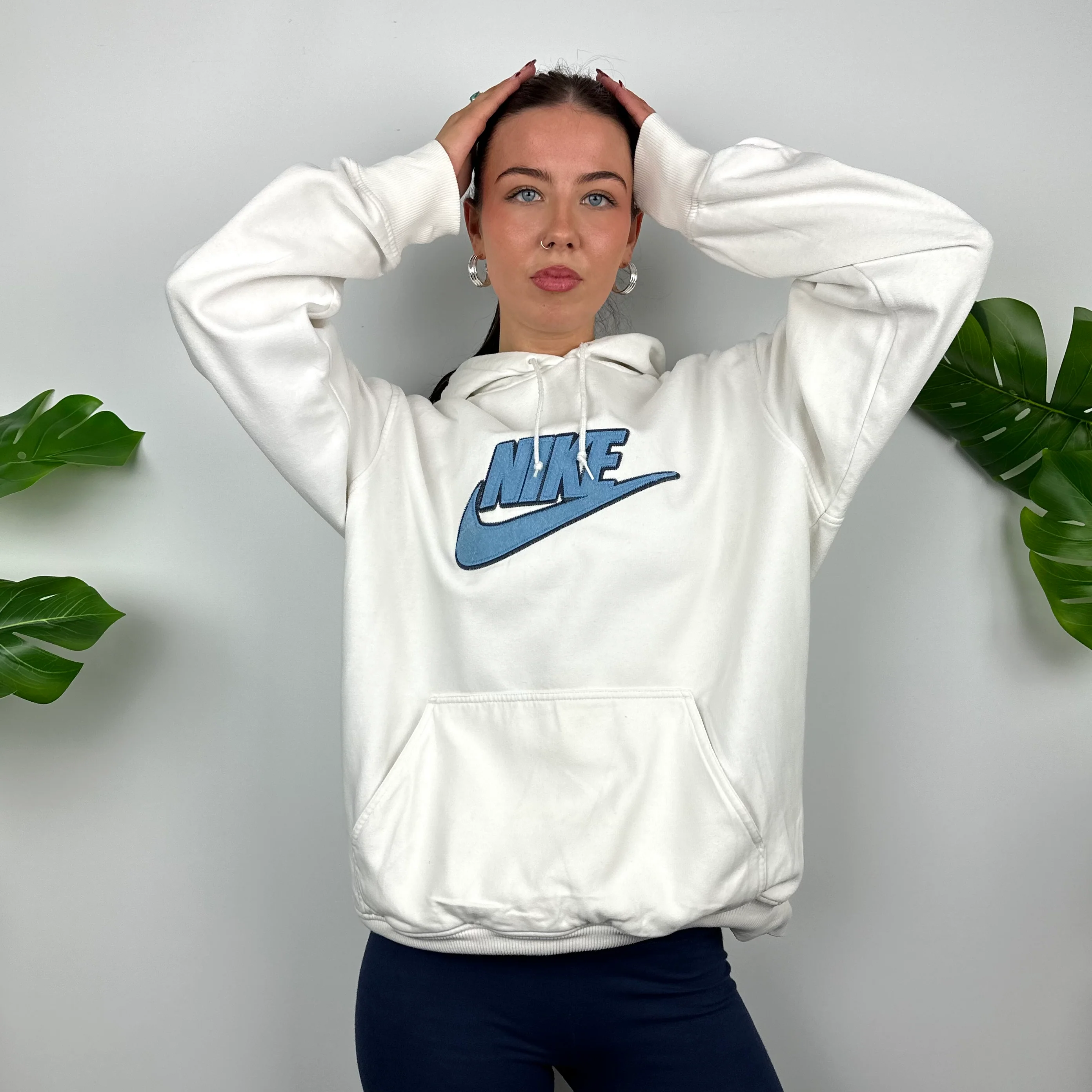 Nike RARE White Embroidered Spell Out Hoodie (L) - Image 9
