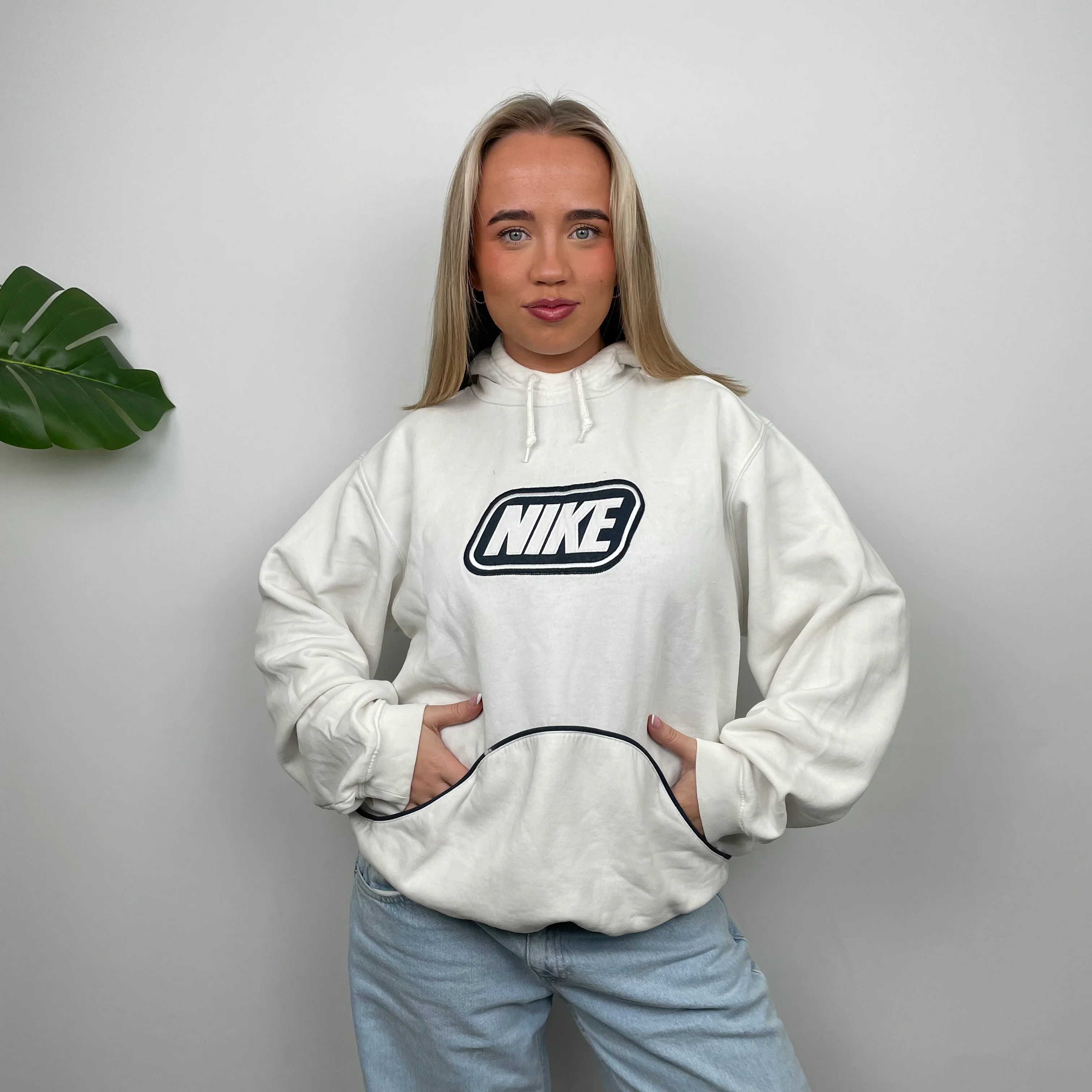 Nike RARE White Embroidered Spell Out Hoodie as worn by Molly Mae (M)