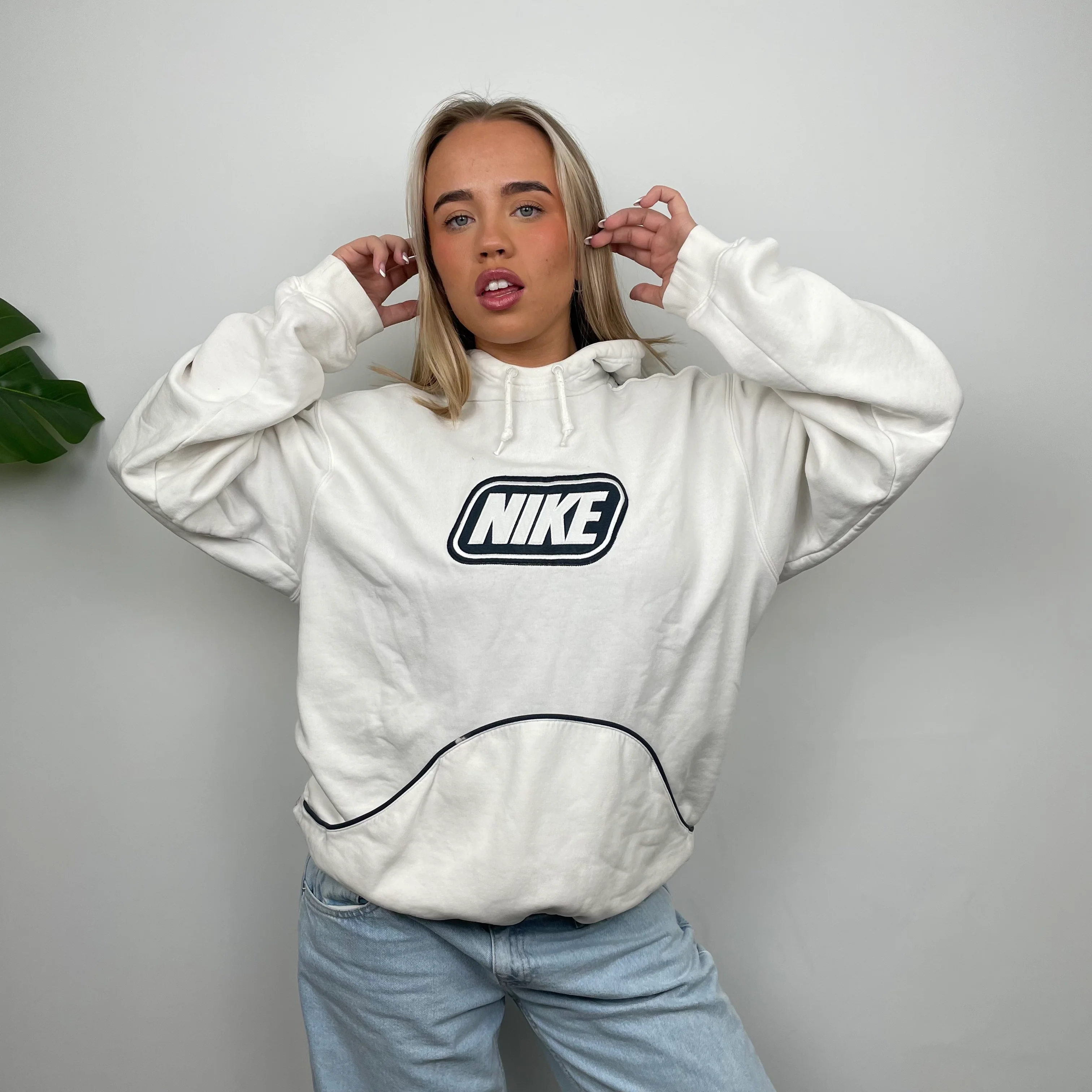 Nike RARE White Embroidered Spell Out Hoodie as worn by Molly Mae (M) - Image 3