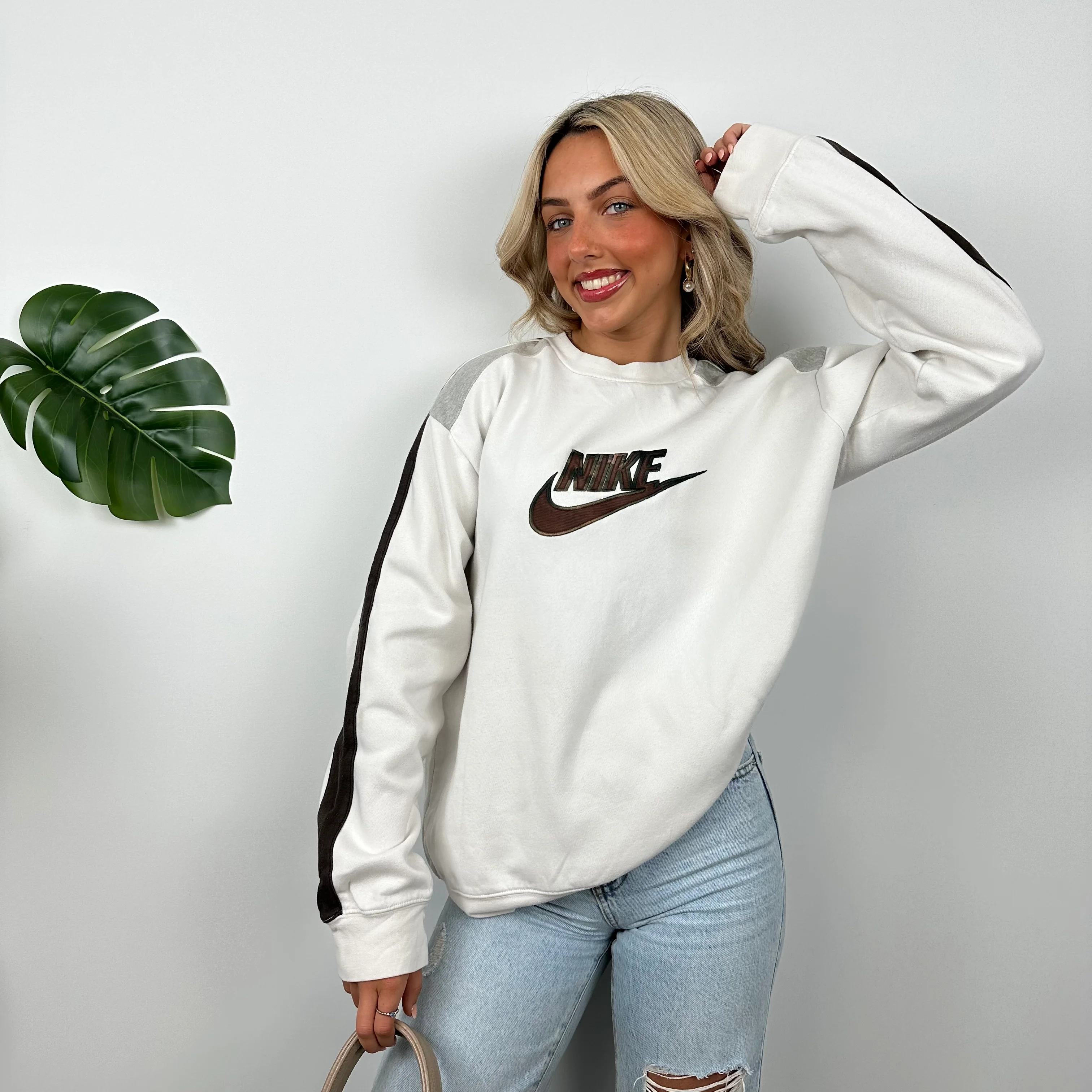 Nike RARE White Embroidered Spell Out Sweatshirt (S) - Image 2