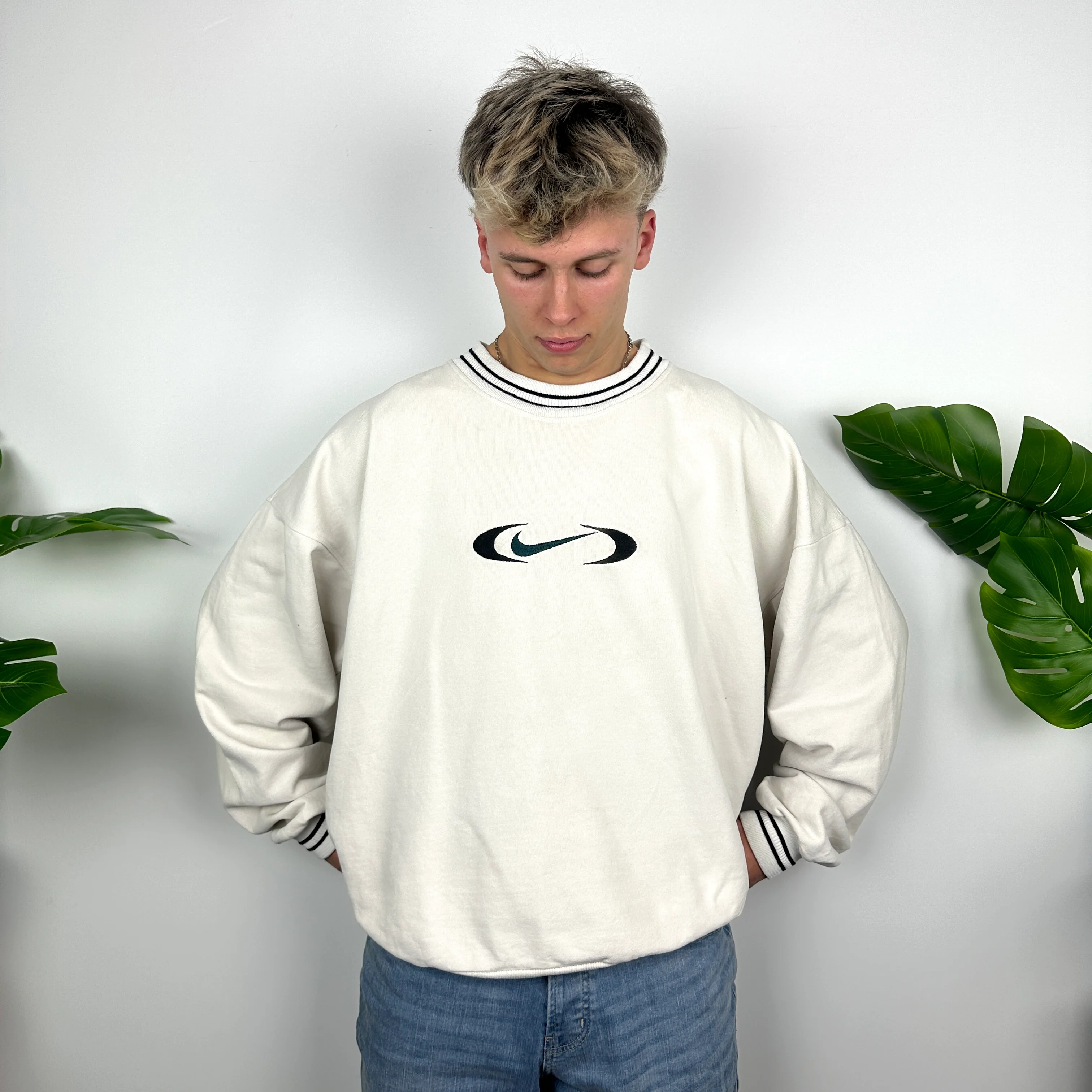 Nike RARE White Embroidered Swoosh Sweatshirt (XL) - Image 2