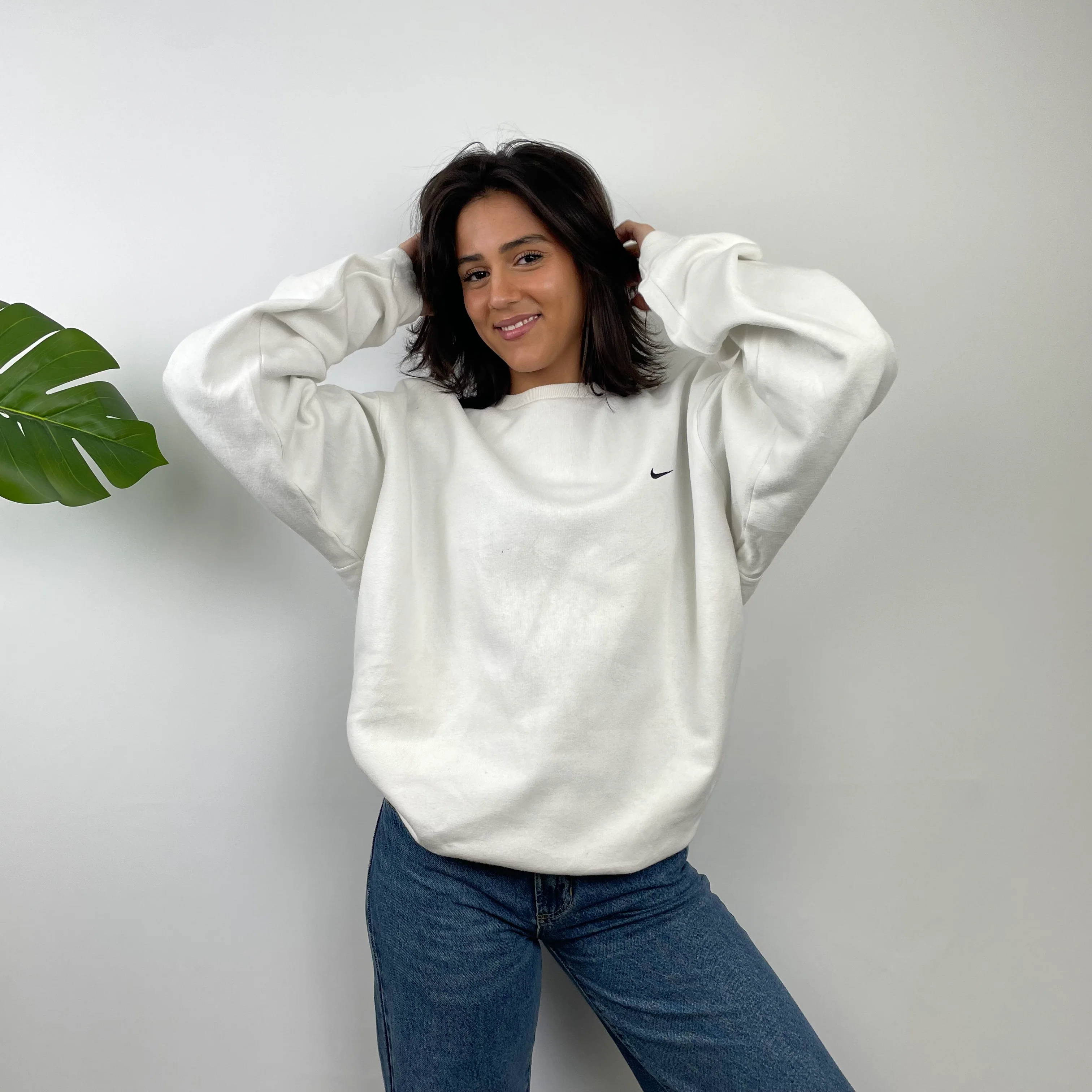 Nike RARE White Embroidered Swoosh Sweatshirt (L) - Image 8