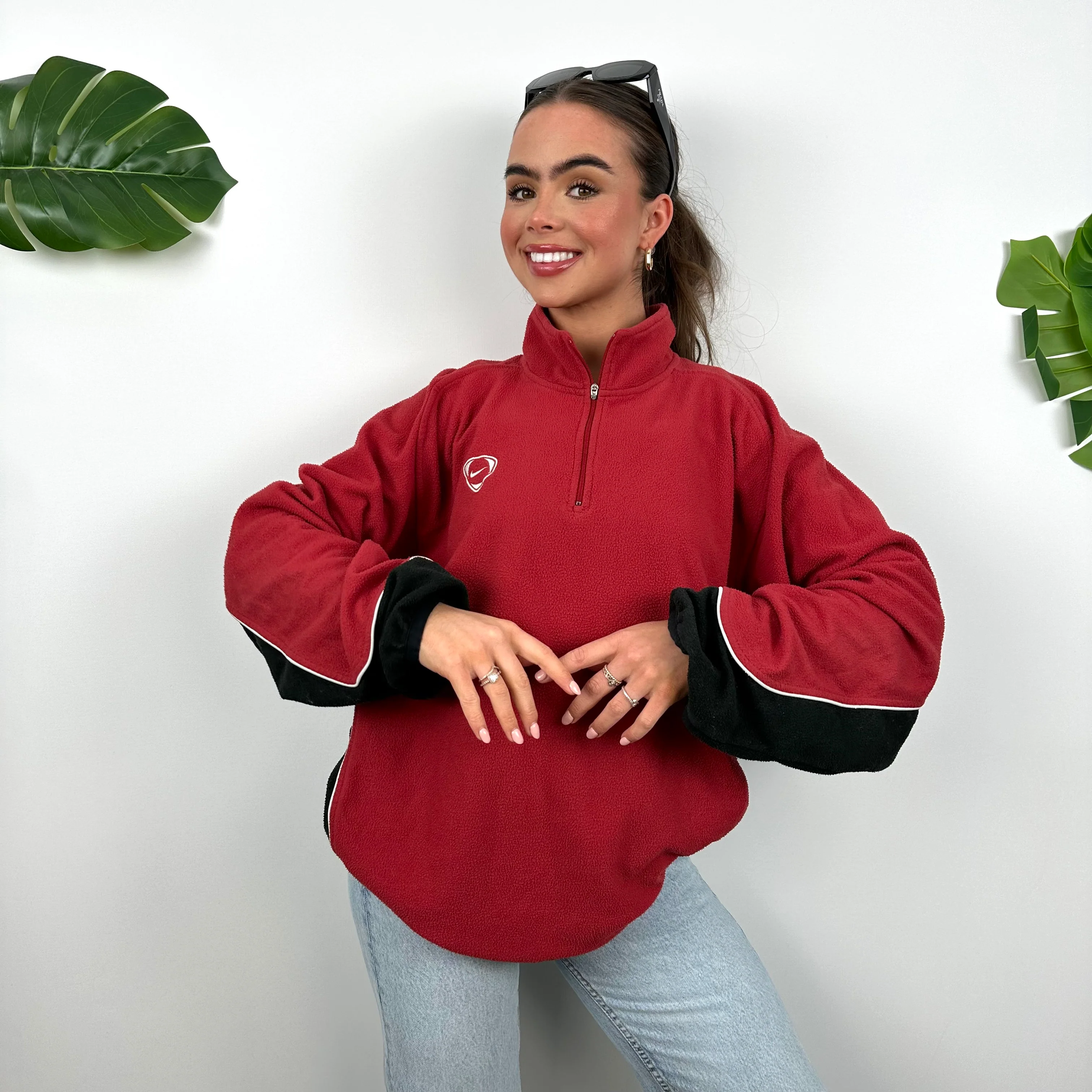 Nike Red Embroidered Swoosh Teddy Bear Fleece Quarter Zip Sweatshirt (L) - Image 2