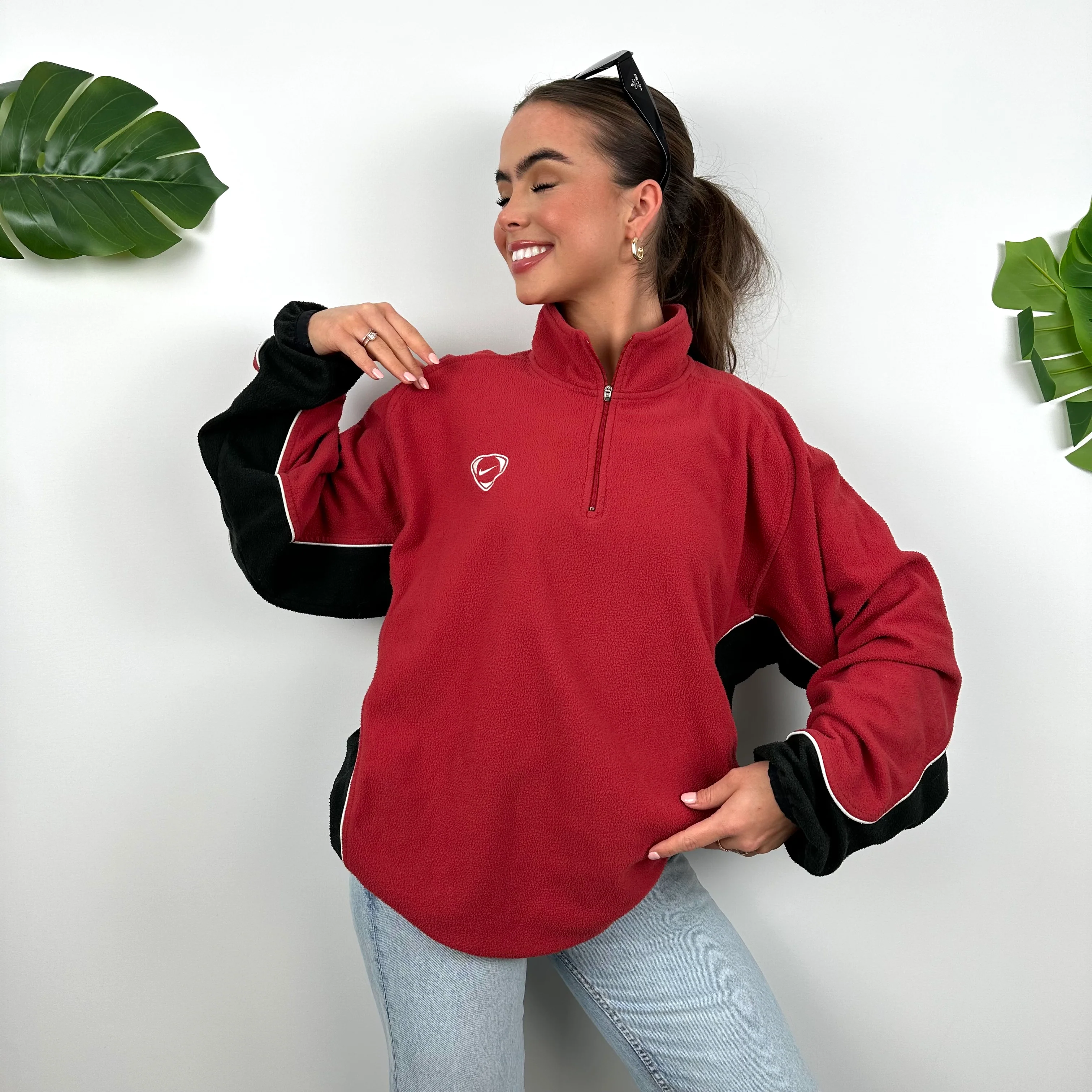 Nike Red Embroidered Swoosh Teddy Bear Fleece Quarter Zip Sweatshirt (L) - Image 3