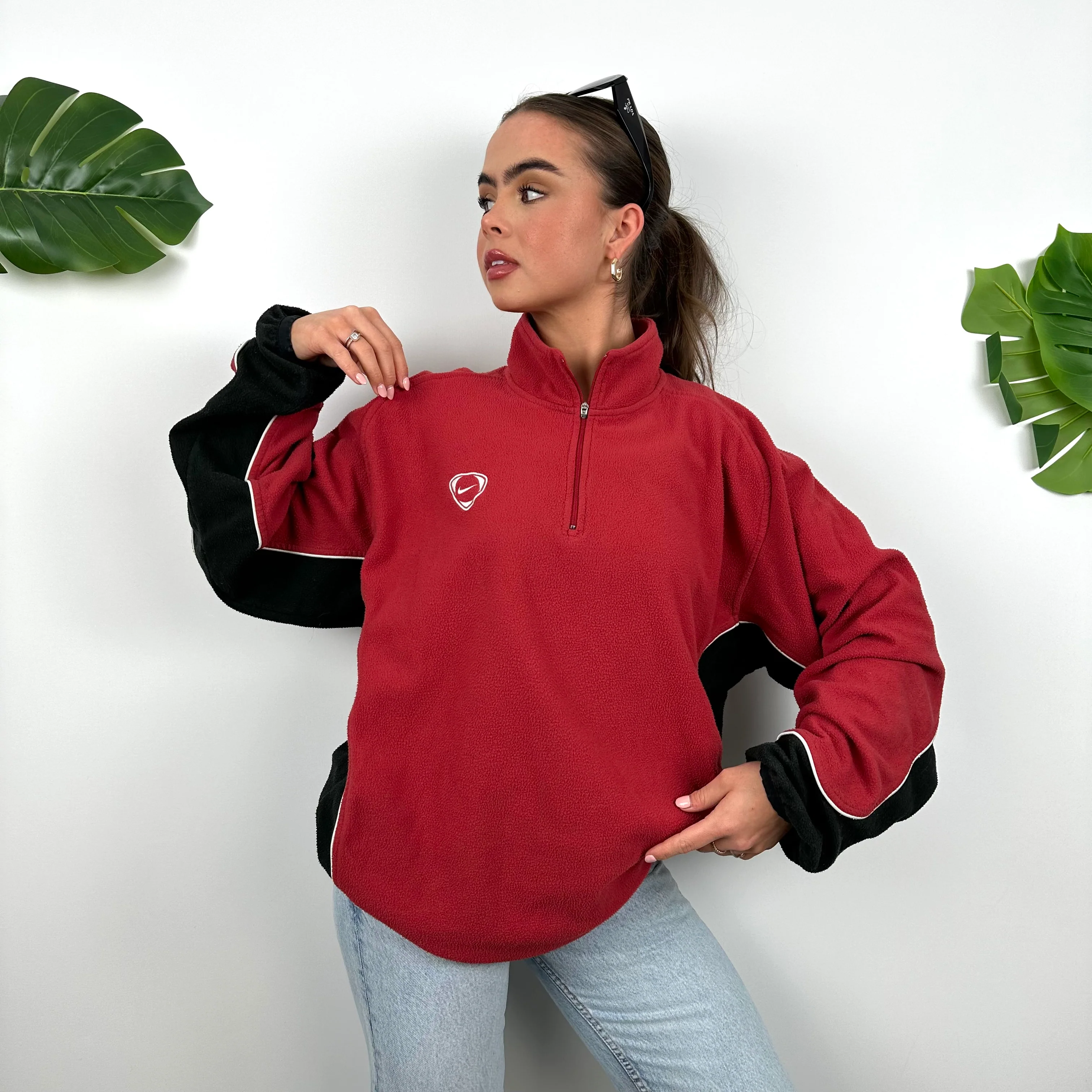Nike Red Embroidered Swoosh Teddy Bear Fleece Quarter Zip Sweatshirt (L) - Image 5