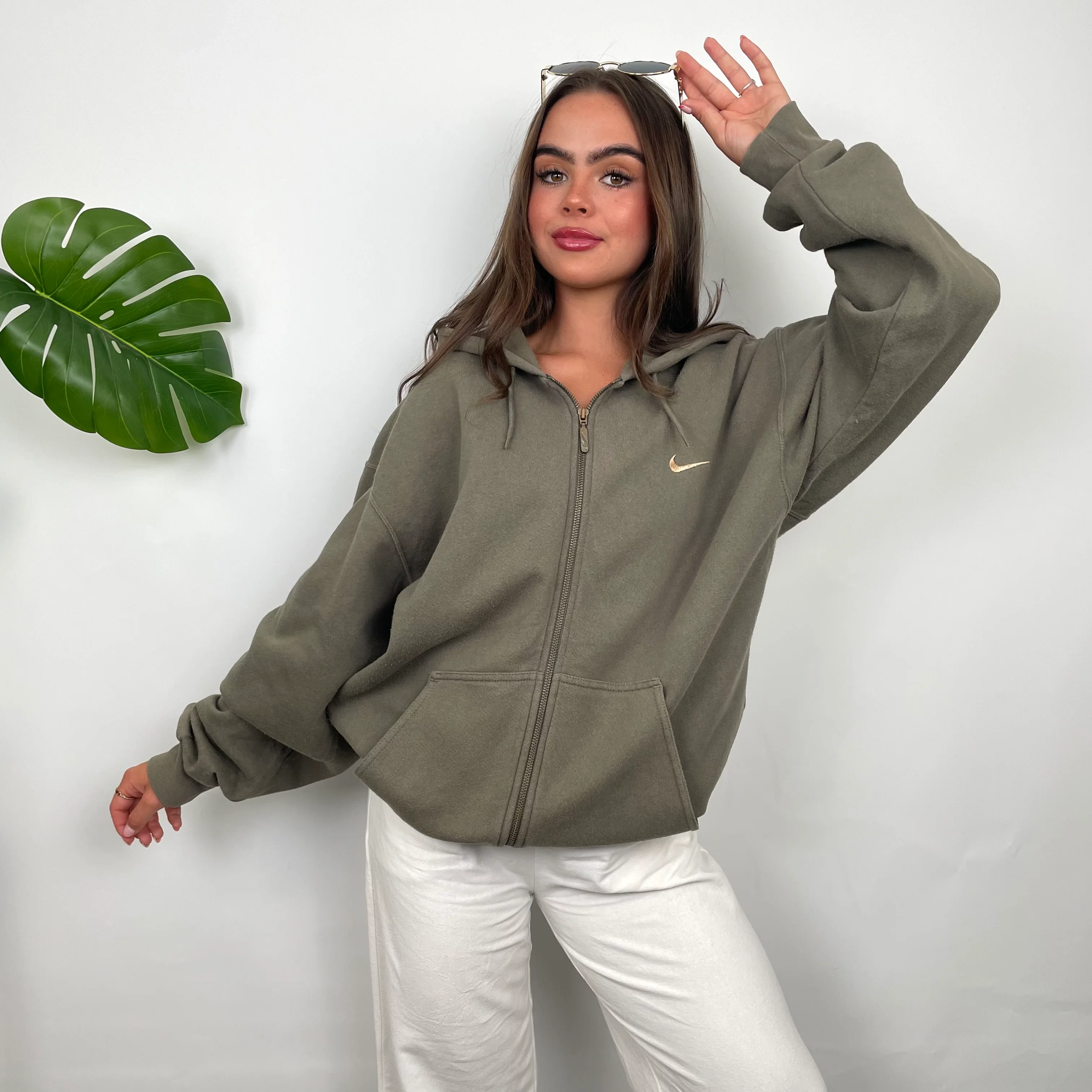 Nike Sage Green Embroidered Swoosh Zip Up Hoodie (M) - Image 2