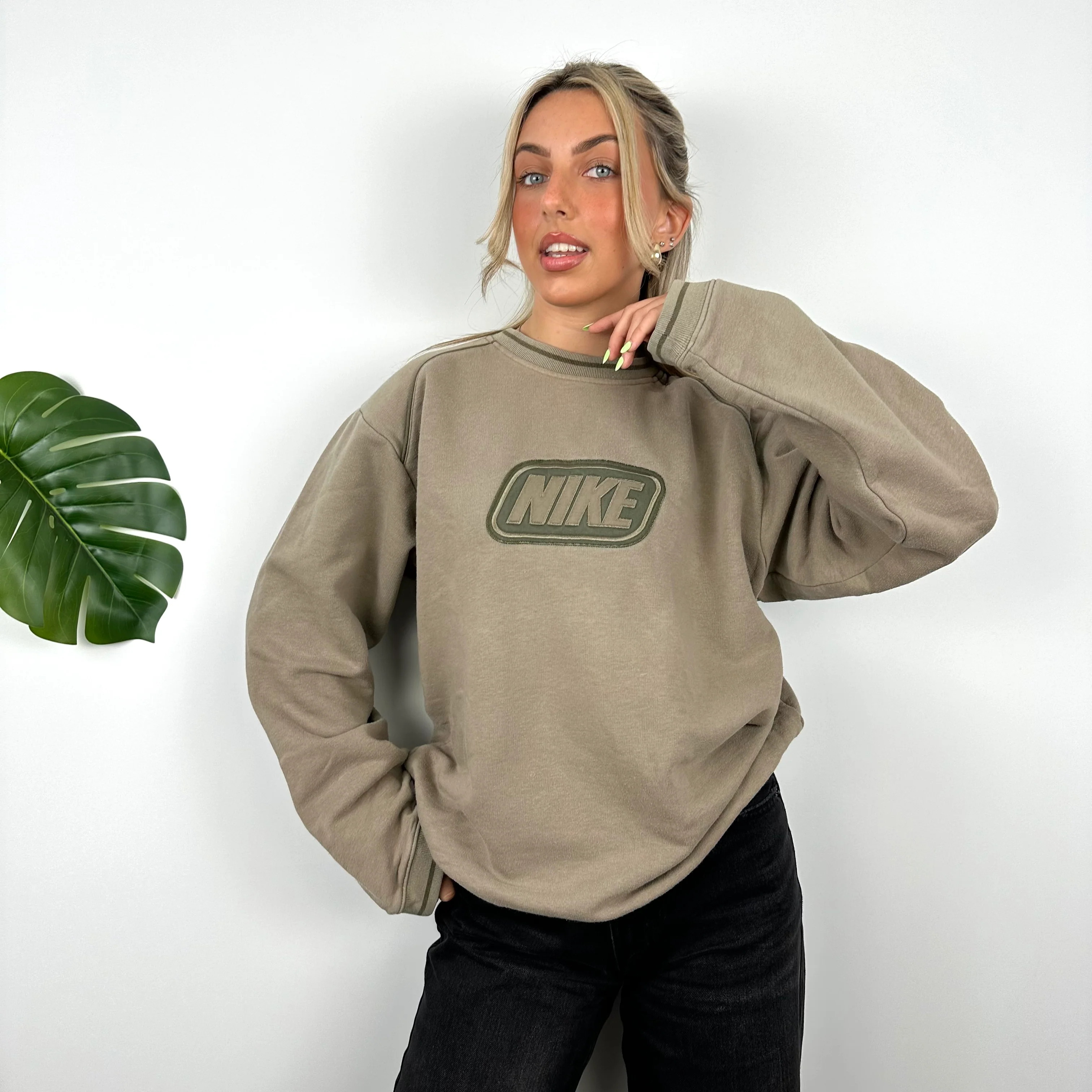 Nike Tan Brown Embroidered Spell Out Sweatshirt (M) - Image 2