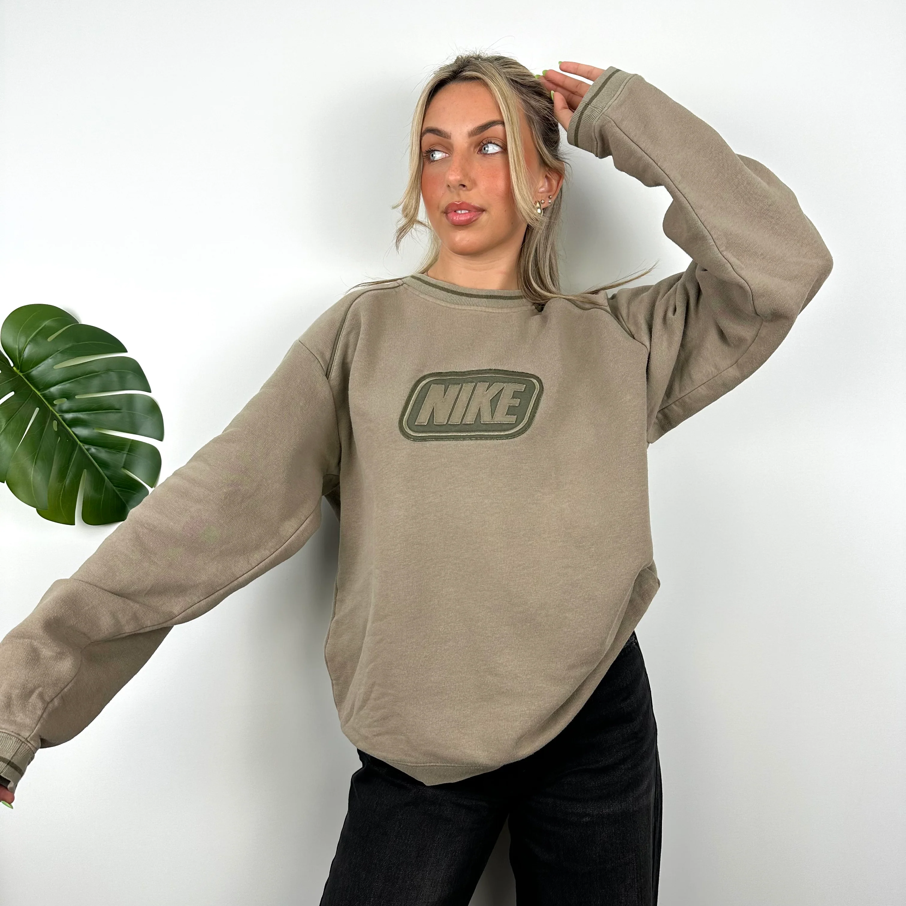 Nike Tan Brown Embroidered Spell Out Sweatshirt (M) - Image 4