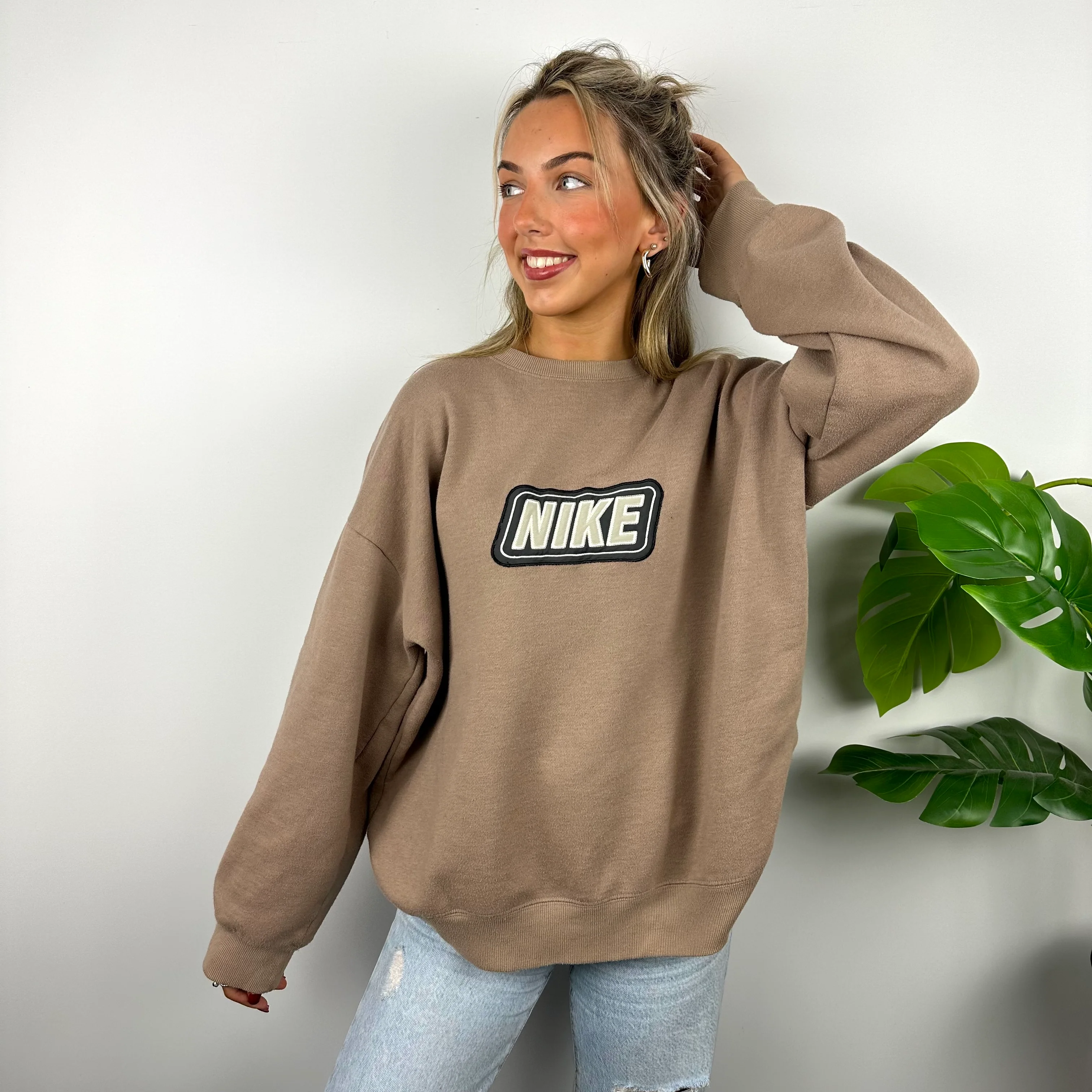 Nike Tan Brown Embroidered Spell Out Sweatshirt (L) - Image 2