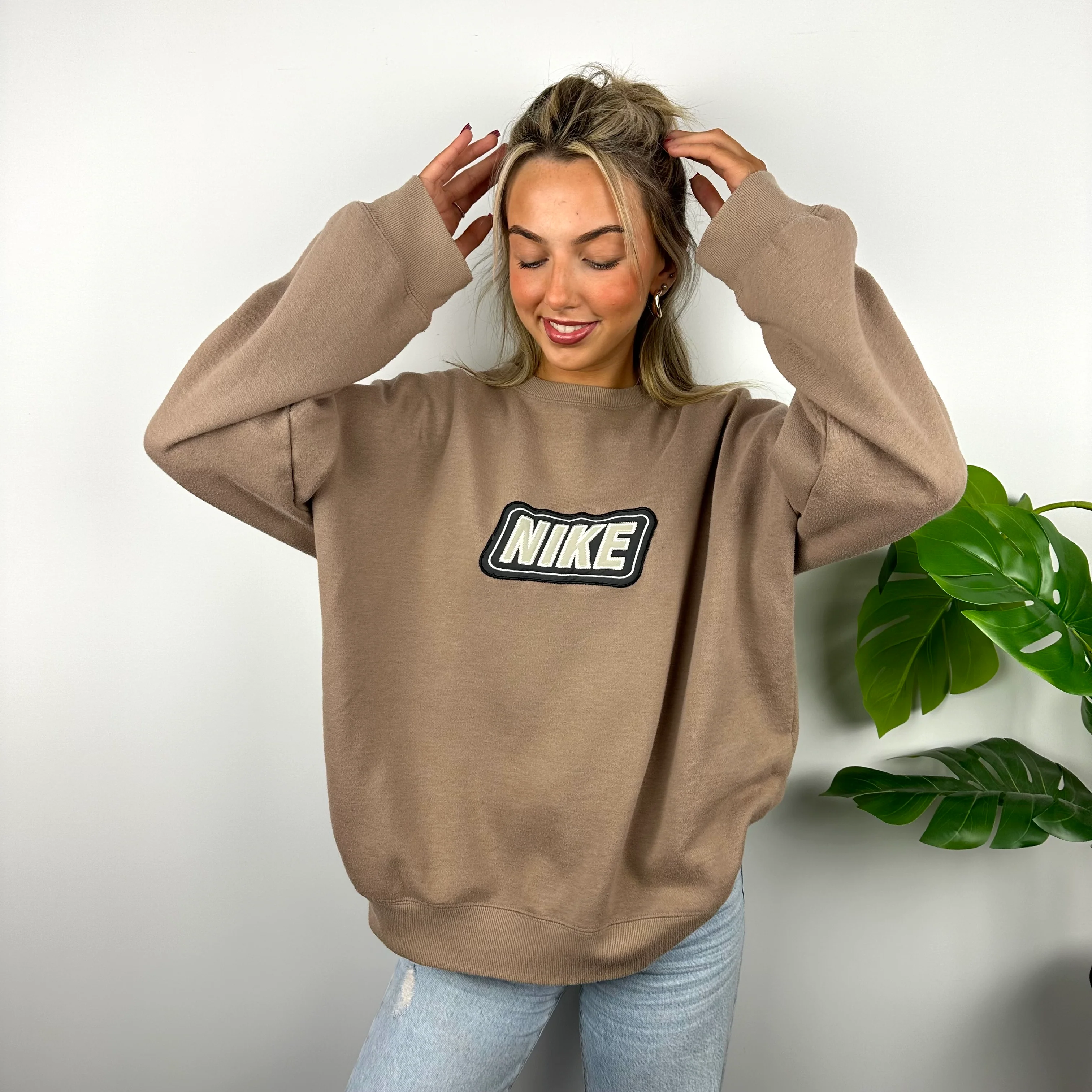 Nike Tan Brown Embroidered Spell Out Sweatshirt (L) - Image 6