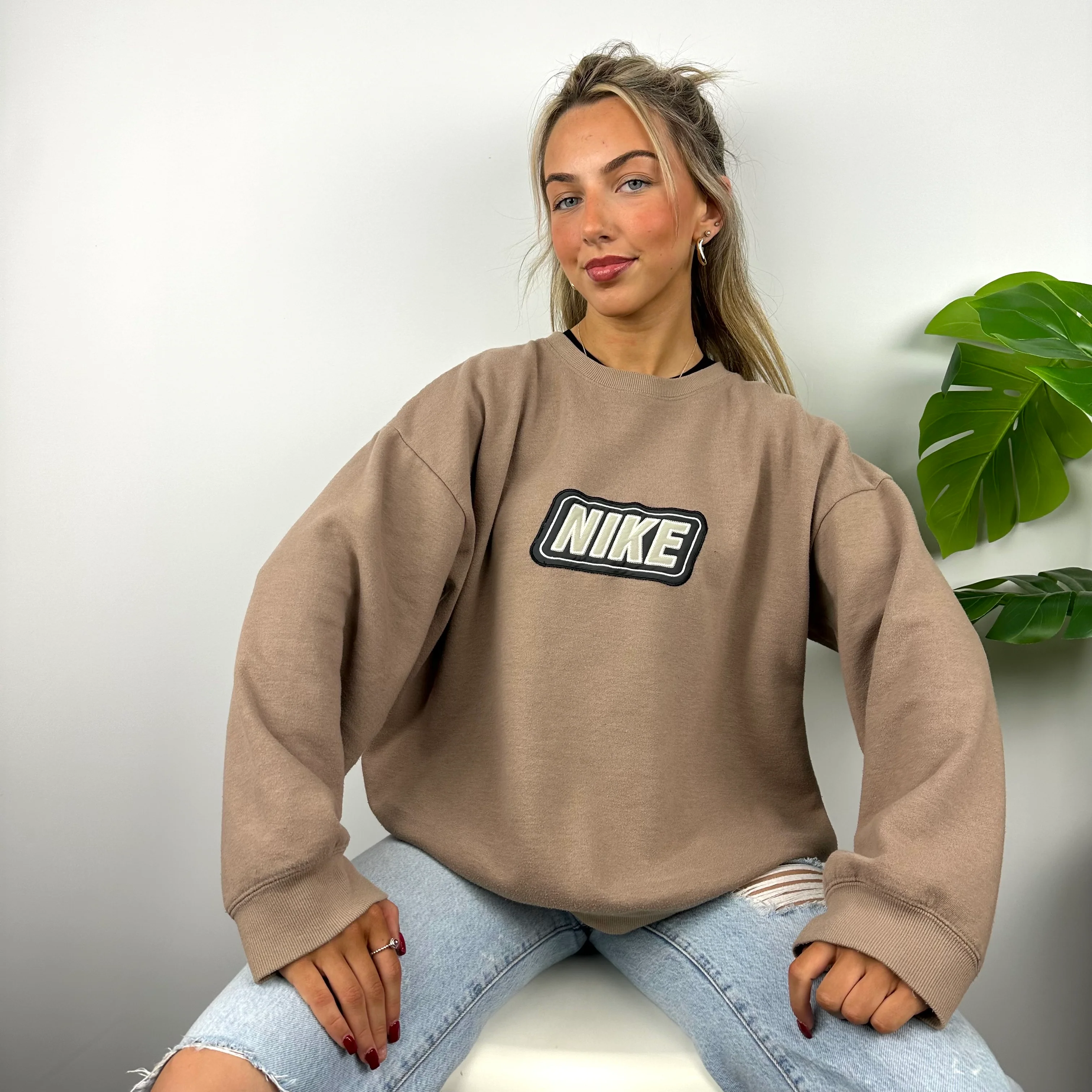 Nike Tan Brown Embroidered Spell Out Sweatshirt (L) - Image 7
