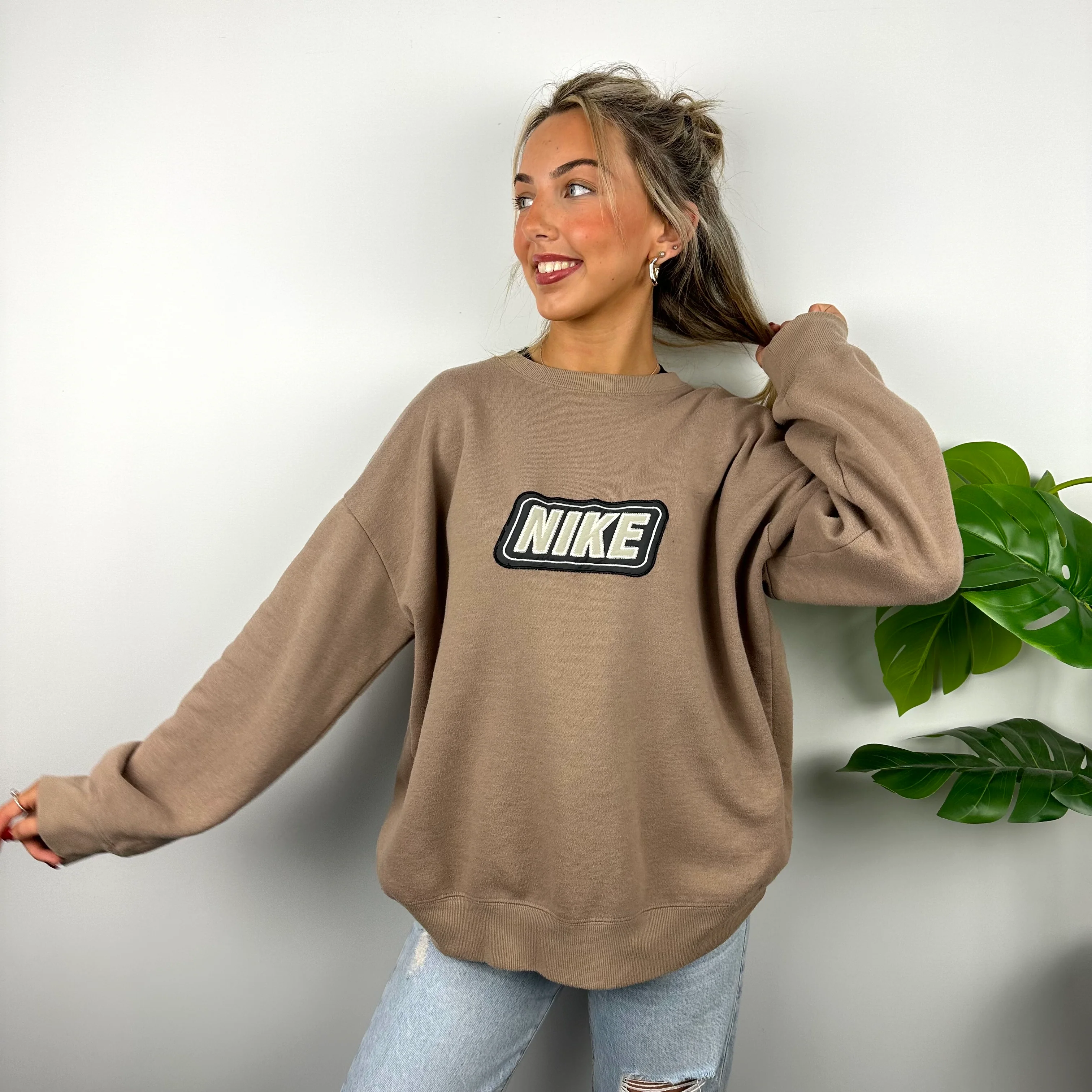 Nike Tan Brown Embroidered Spell Out Sweatshirt (L) - Image 8
