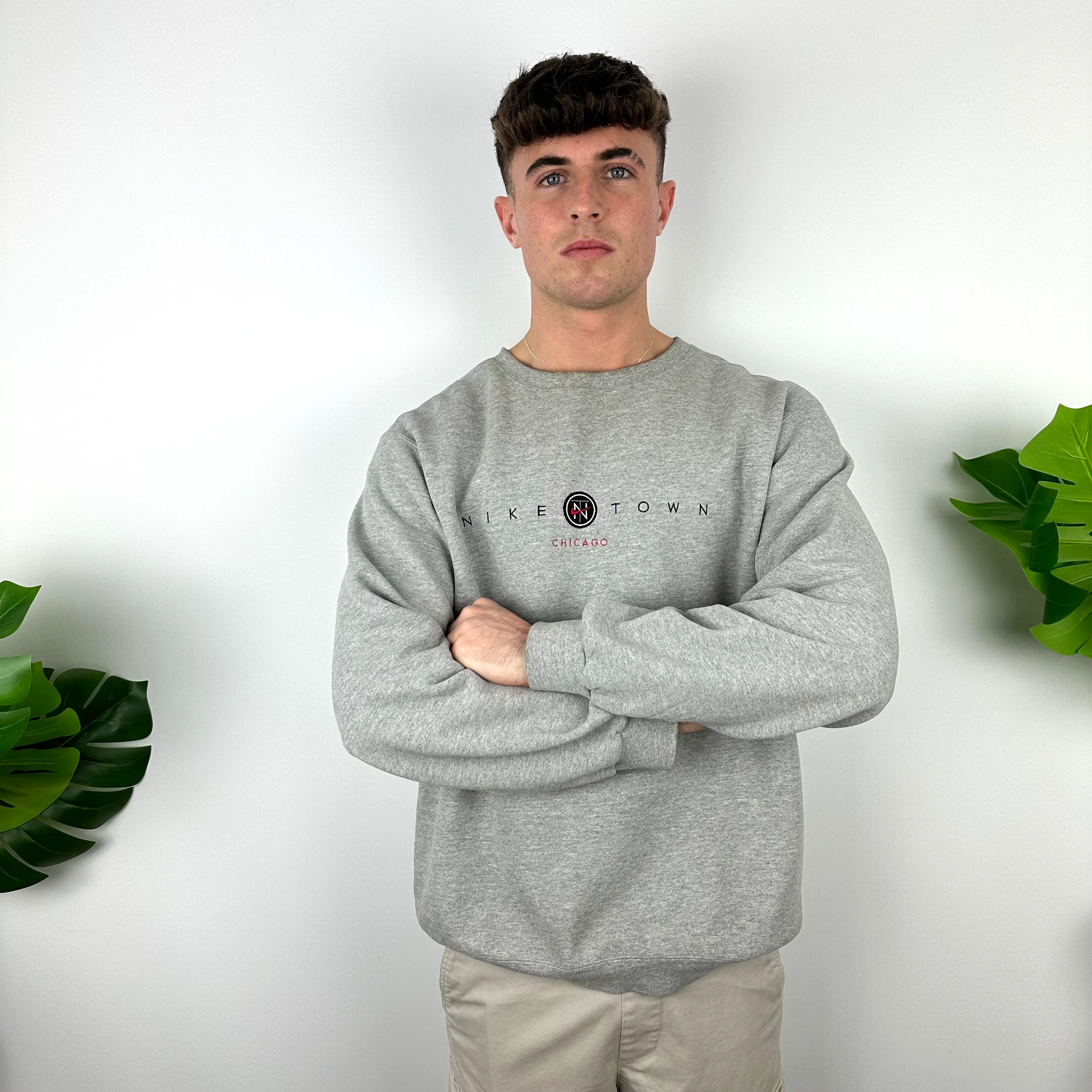 Nike Town Chicago Grey Embroidered Spell Out Sweatshirt (L) - Image 4