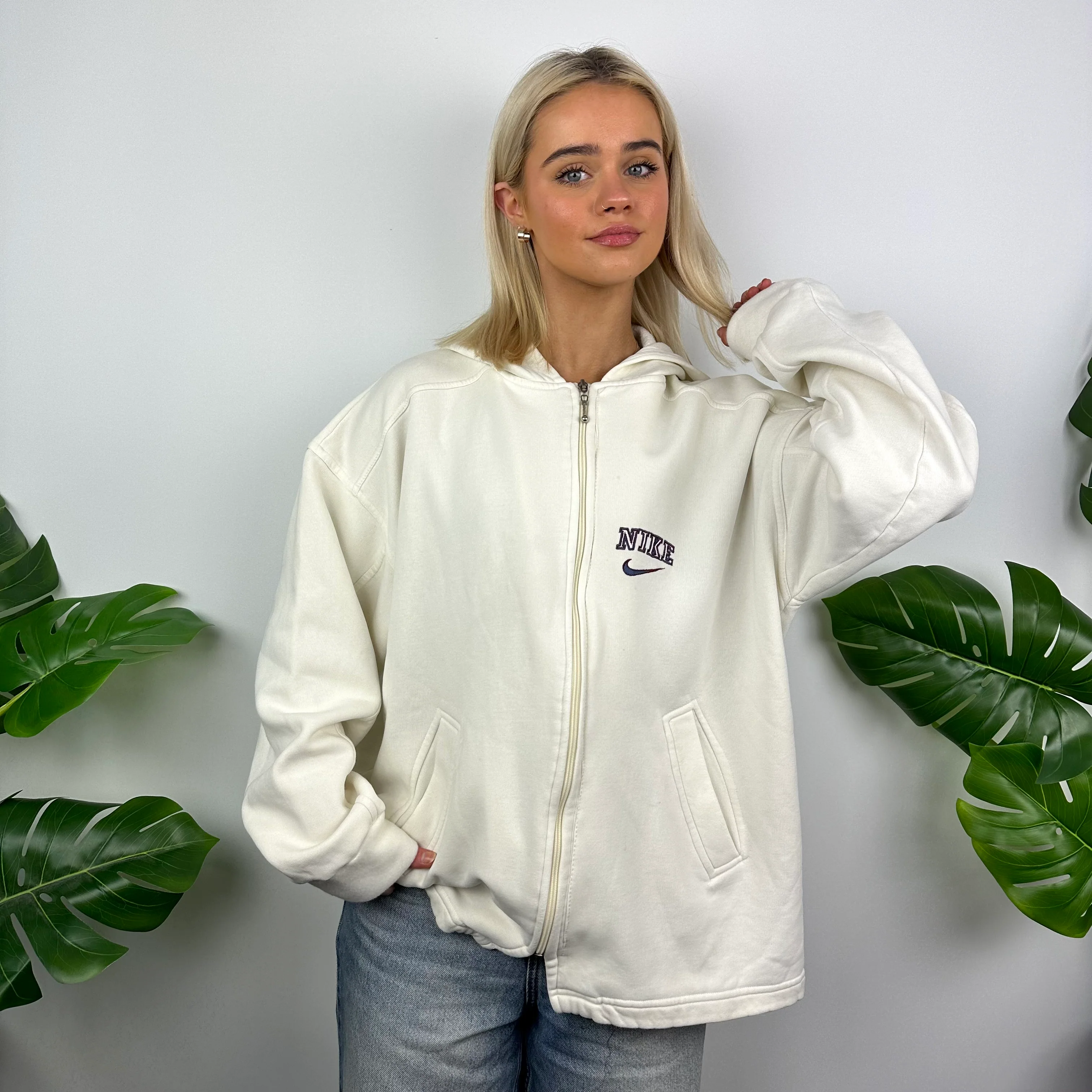 Nike Cream Embroidered Spell Out Zip Up Hoodie Jacket (L) - Image 6