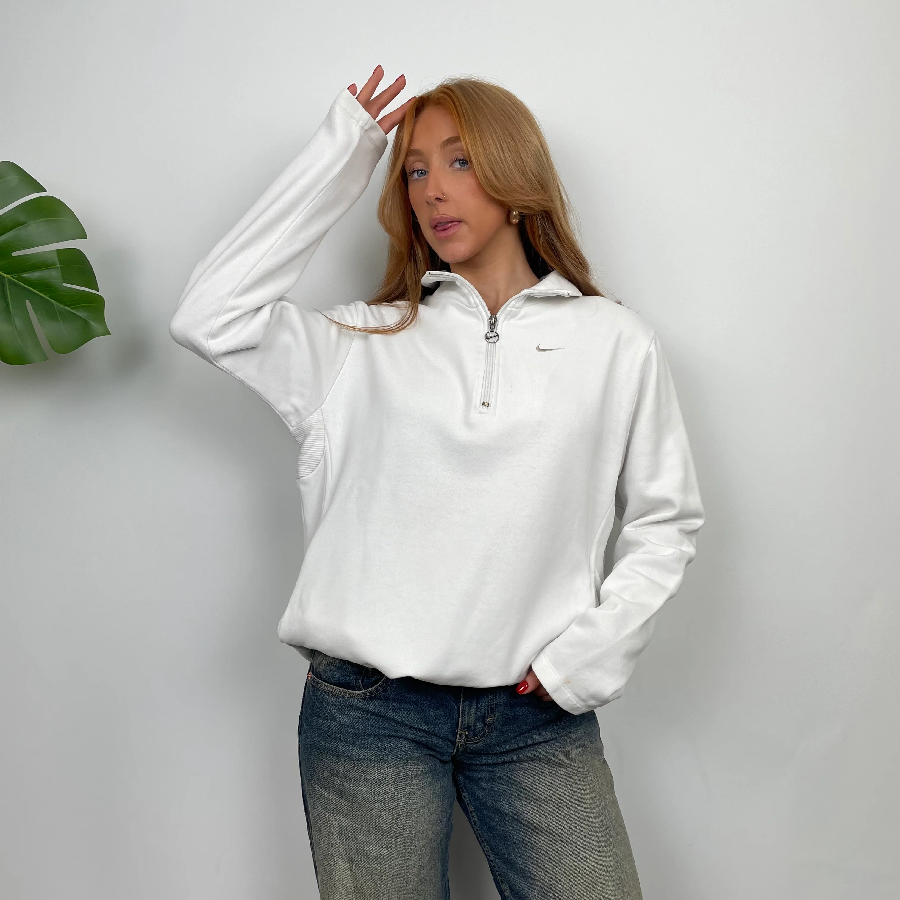 Nike White Embroidered Swoosh Quarter Zip (M) - Image 2