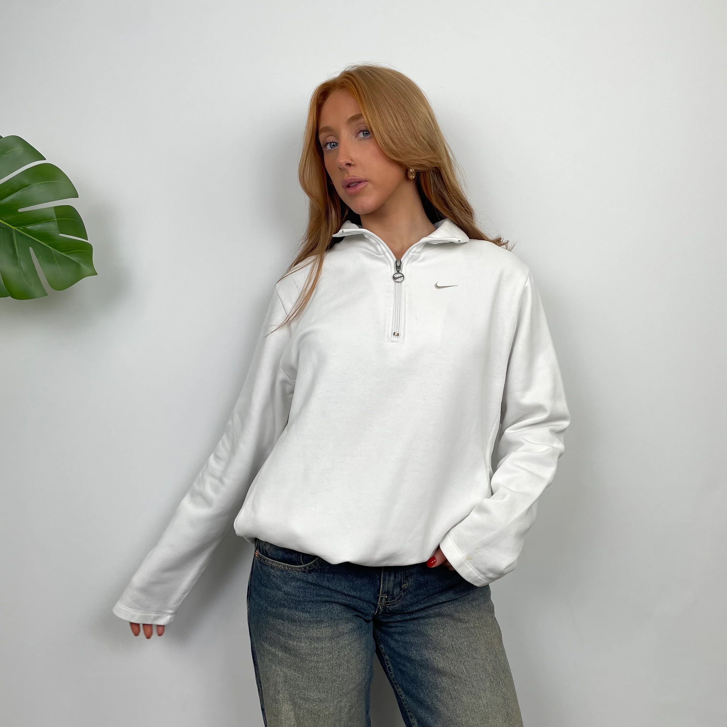 Nike White Embroidered Swoosh Quarter Zip (M) - Image 5