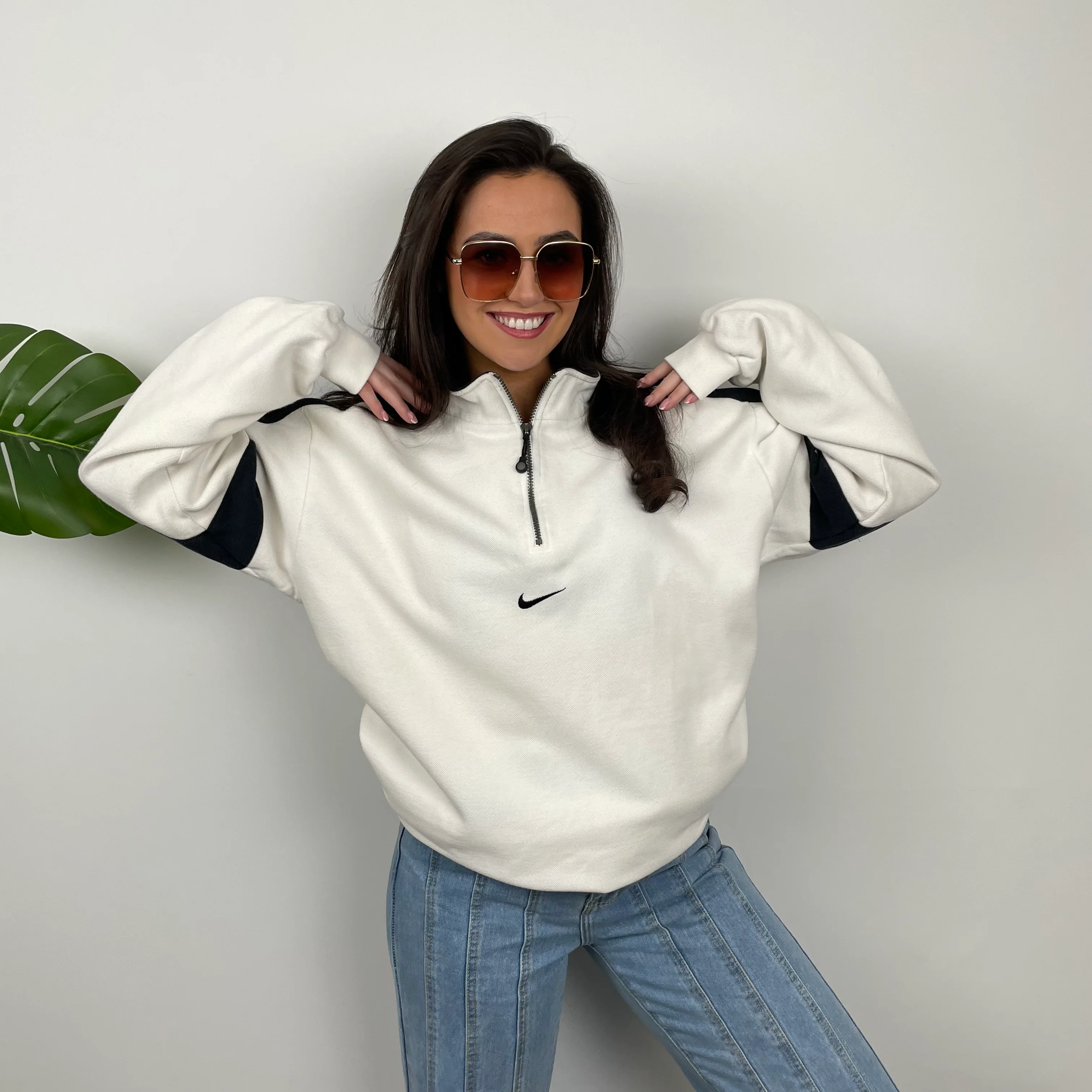 Nike White Embroidered Swoosh Quarter Zip Sweatshirt (L) - Image 9