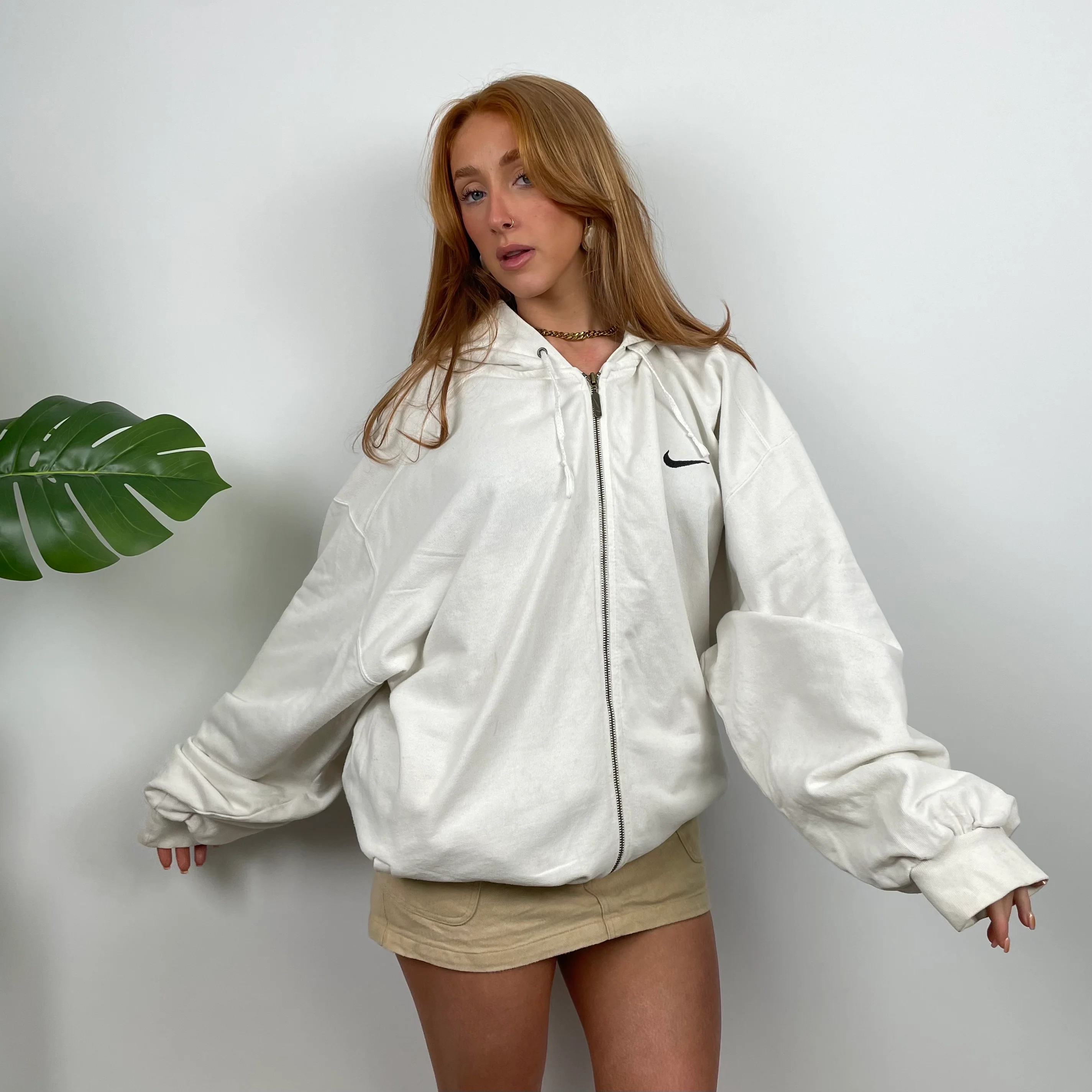 Nike White Embroidered Swoosh Zip Up Hoodie (XXL) - Image 2