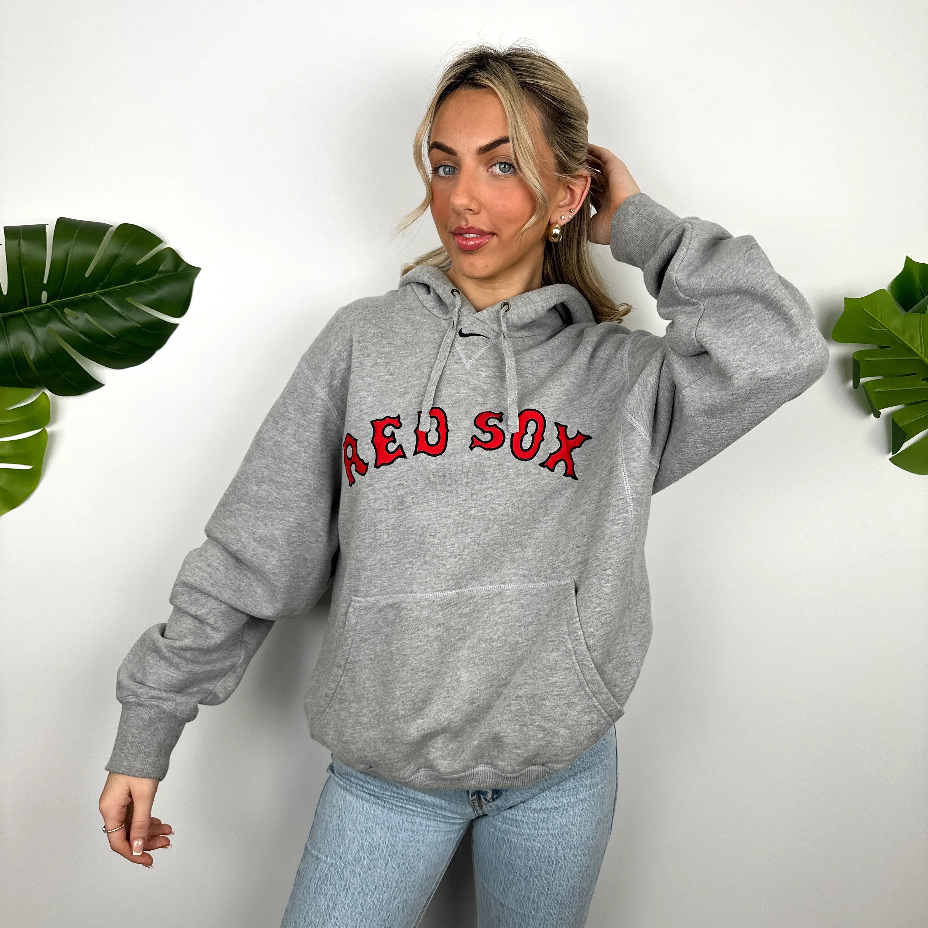 Nike X Boston Red Sox Grey Embroidered Spell Out Hoodie (M) - Image 6