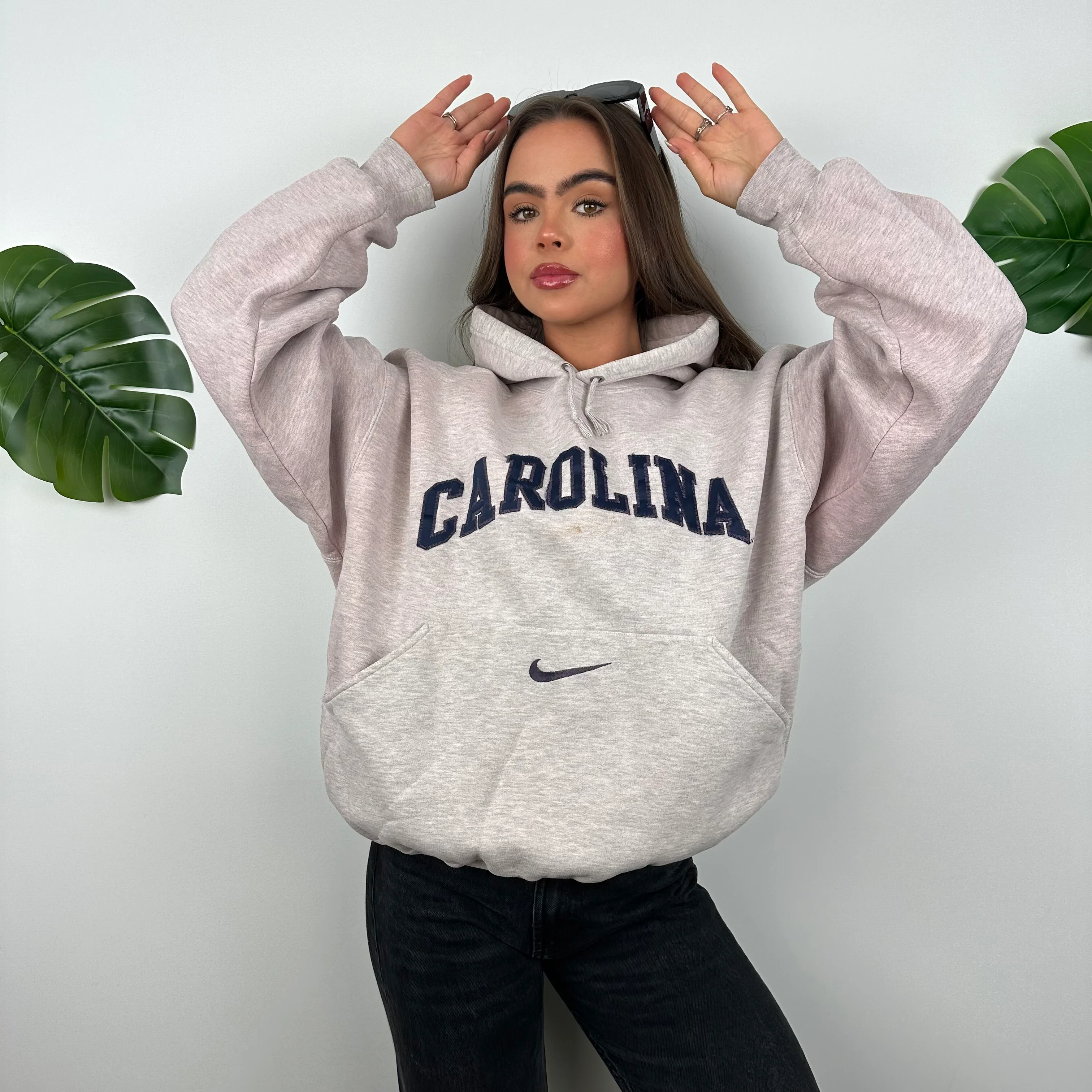 Nike x Carolina Grey Pink Embroidered Spell Out Hoodie (M) - Image 2