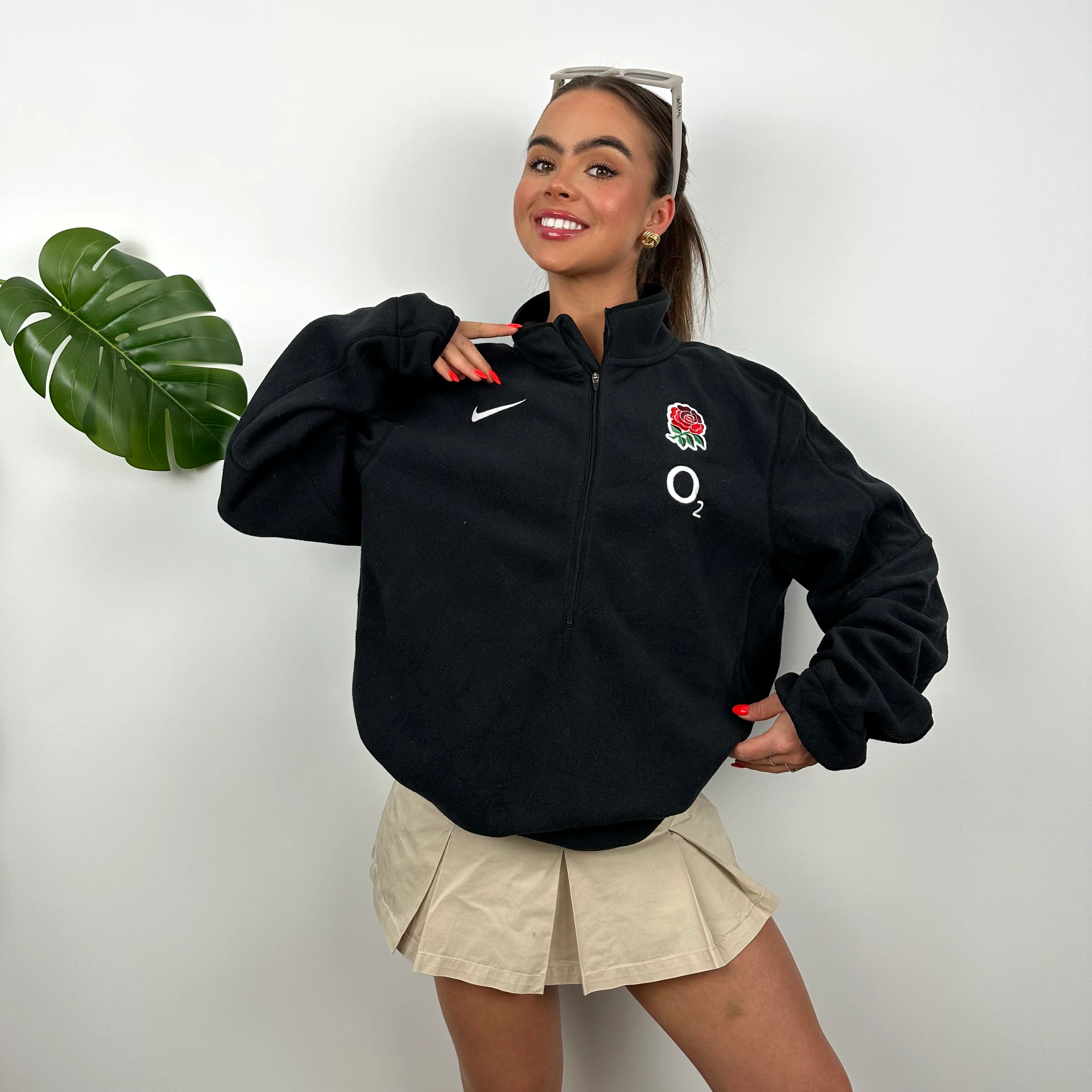 Nike X England National Rugby Team RARE Black Embroidered Logo Teddy Bear Fleece Quarter Zip Sweatshirt (L) - Image 3