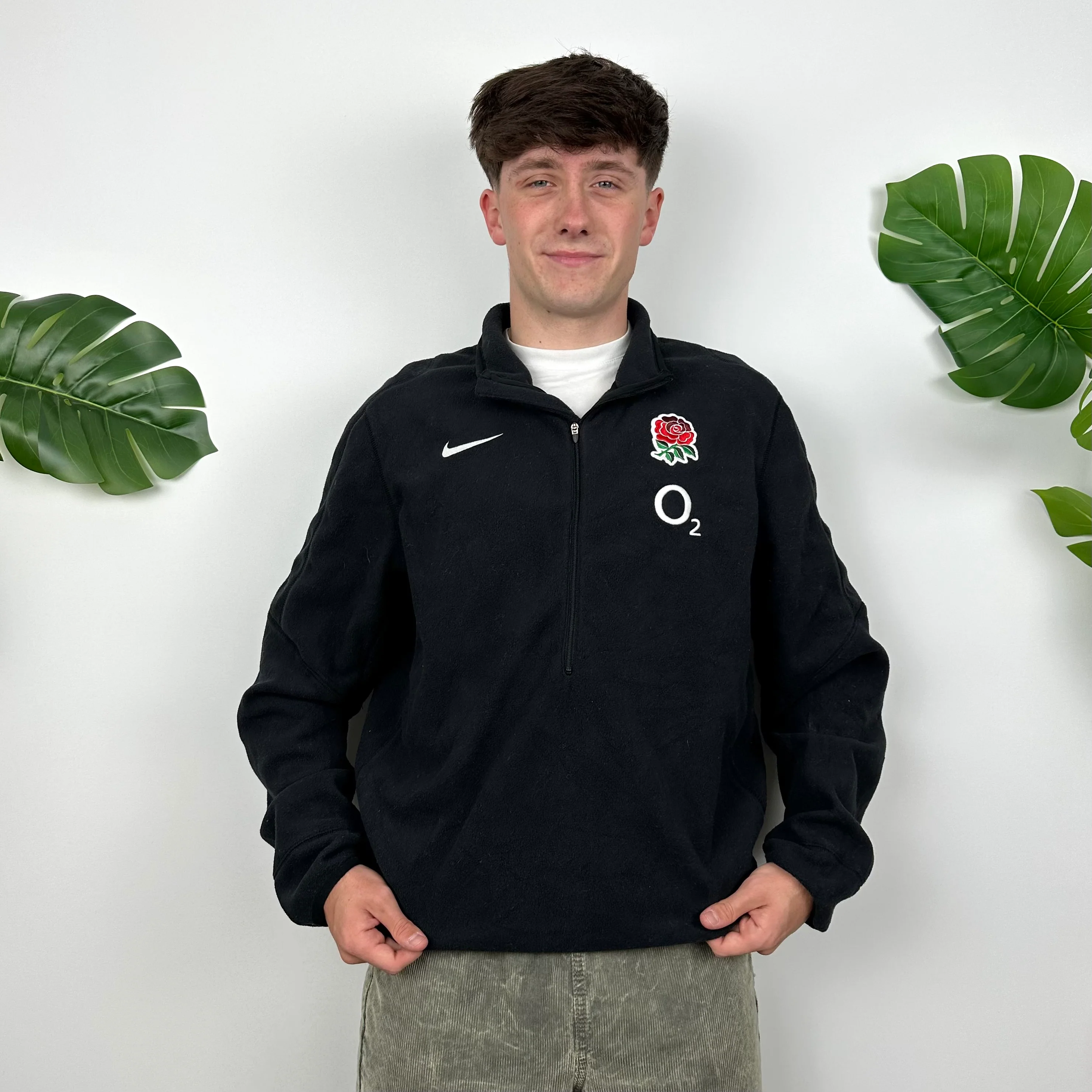 Nike X England National Rugby Team RARE Black Embroidered Logo Teddy Bear Fleece Quarter Zip Sweatshirt (L) - Image 2