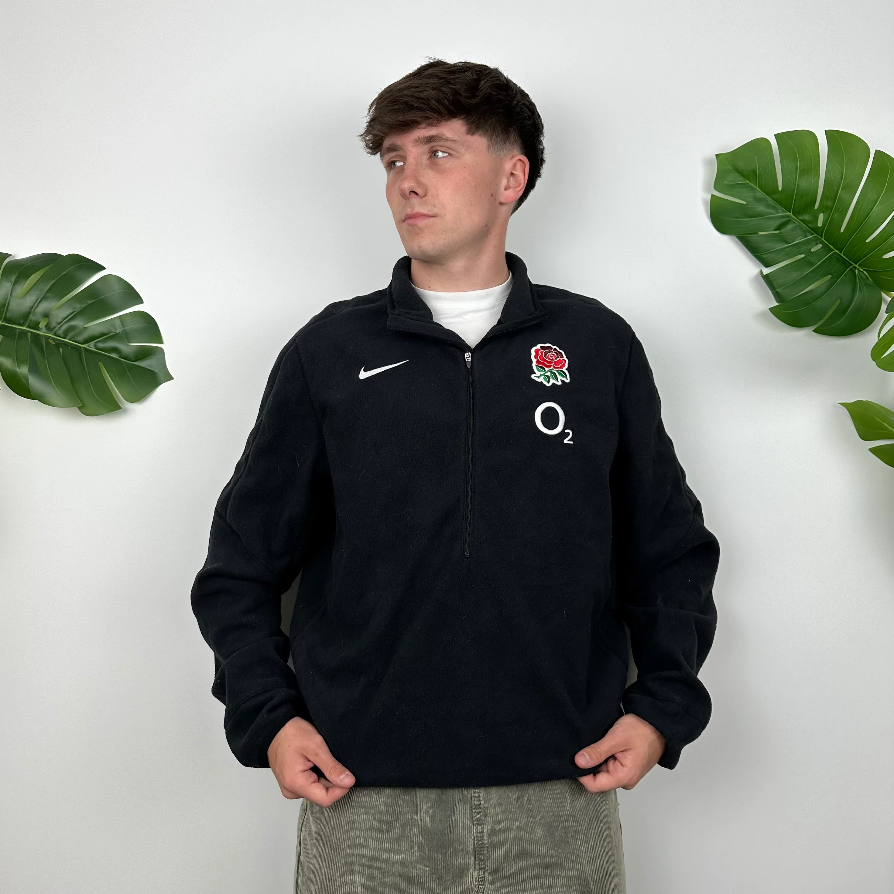 Nike X England National Rugby Team RARE Black Embroidered Logo Teddy Bear Fleece Quarter Zip Sweatshirt (L) - Image 3
