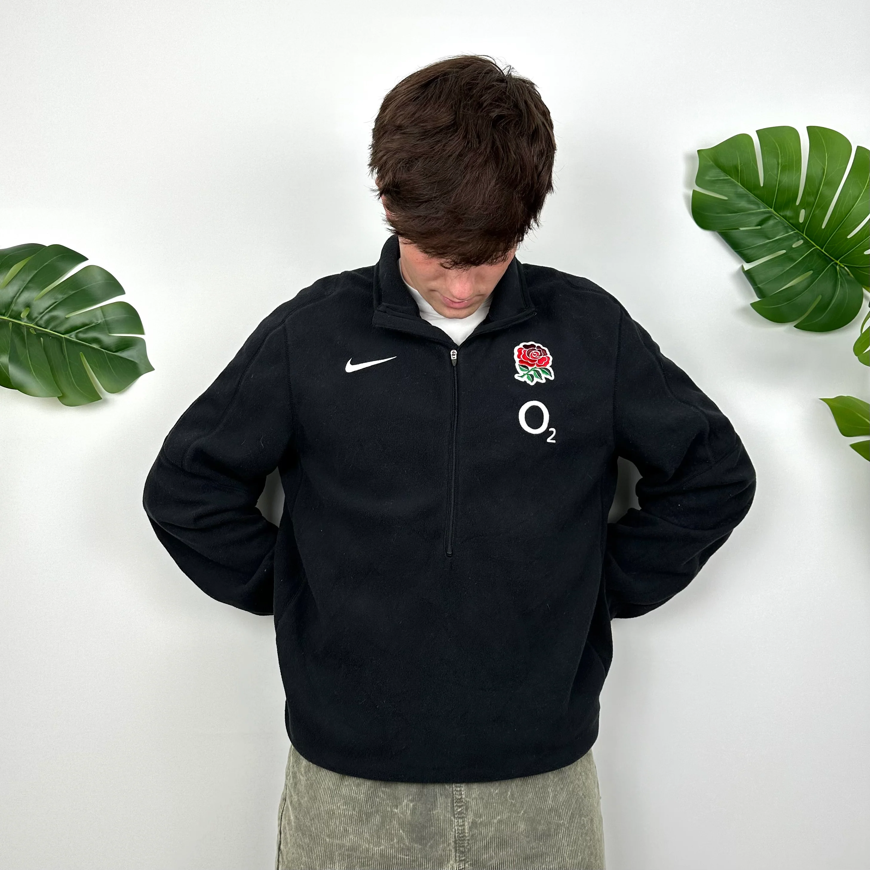 Nike X England National Rugby Team RARE Black Embroidered Logo Teddy Bear Fleece Quarter Zip Sweatshirt (L) - Image 4