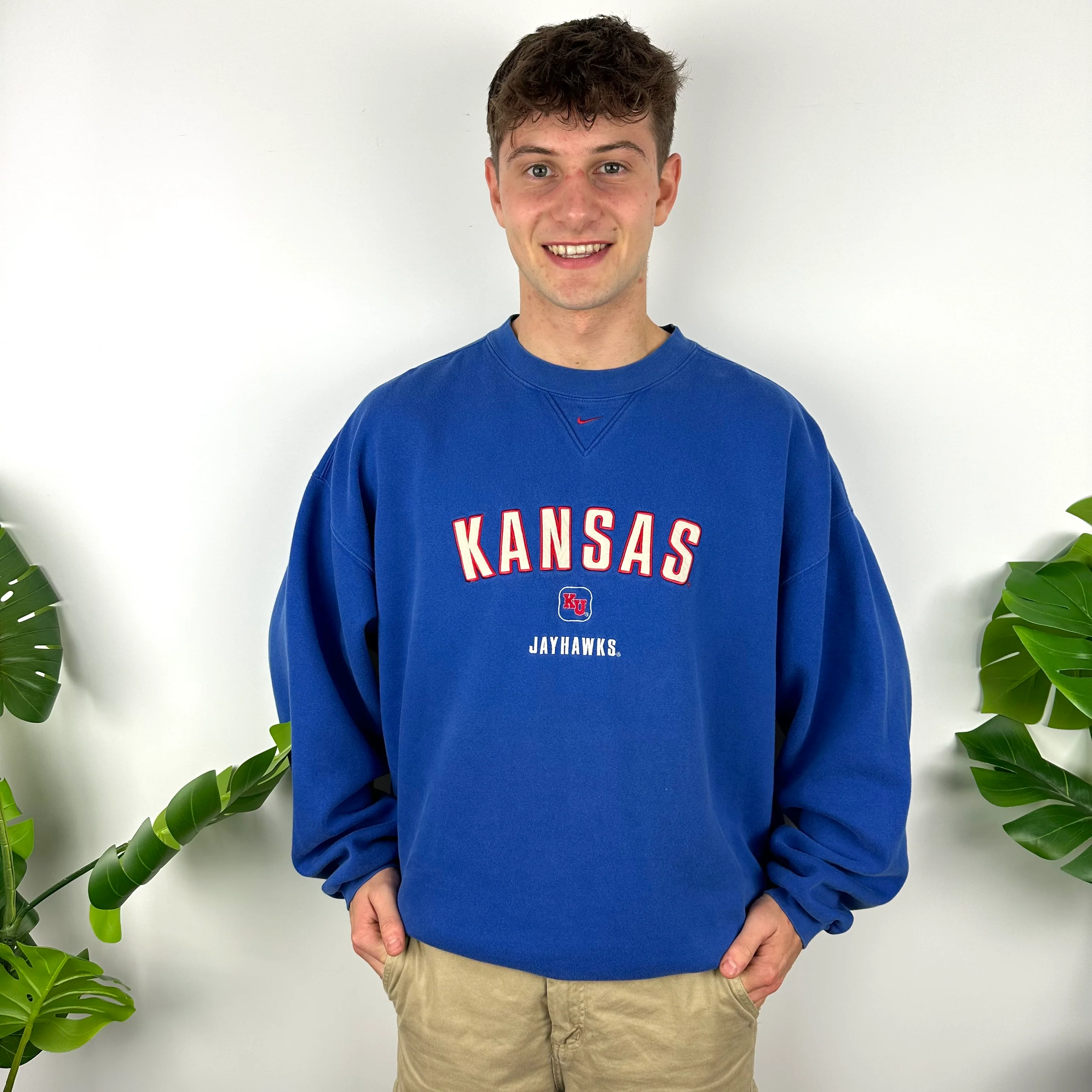 Nike x Kansas Jayhawks Blue Embroidered Spell Out Sweatshirt (XL)