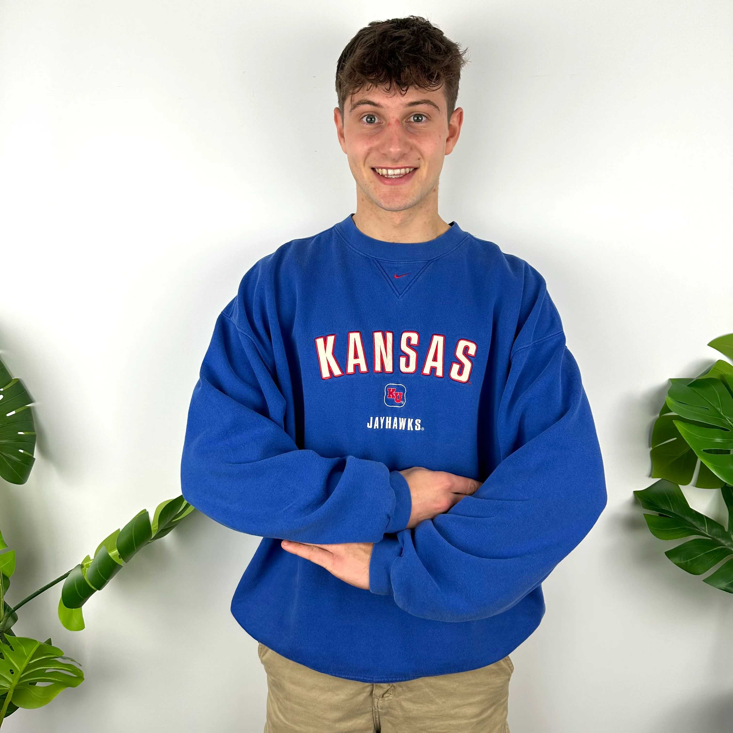 Nike x Kansas Jayhawks Blue Embroidered Spell Out Sweatshirt (XL) - Image 4