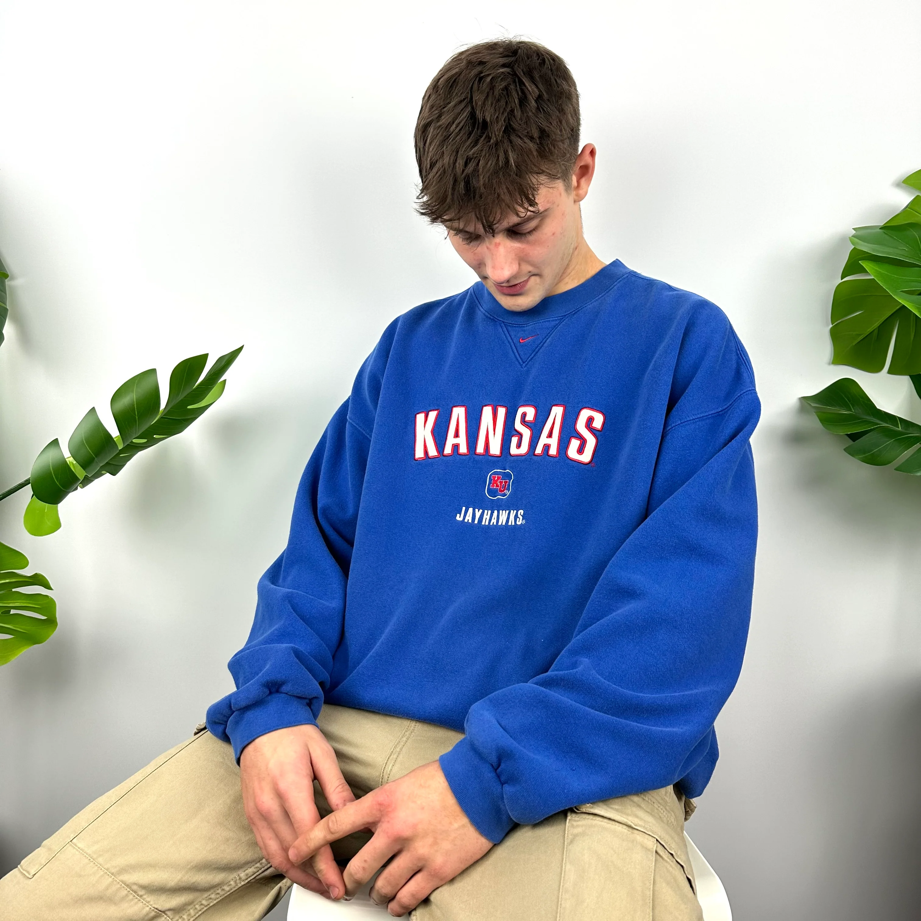 Nike x Kansas Jayhawks Blue Embroidered Spell Out Sweatshirt (XL) - Image 8