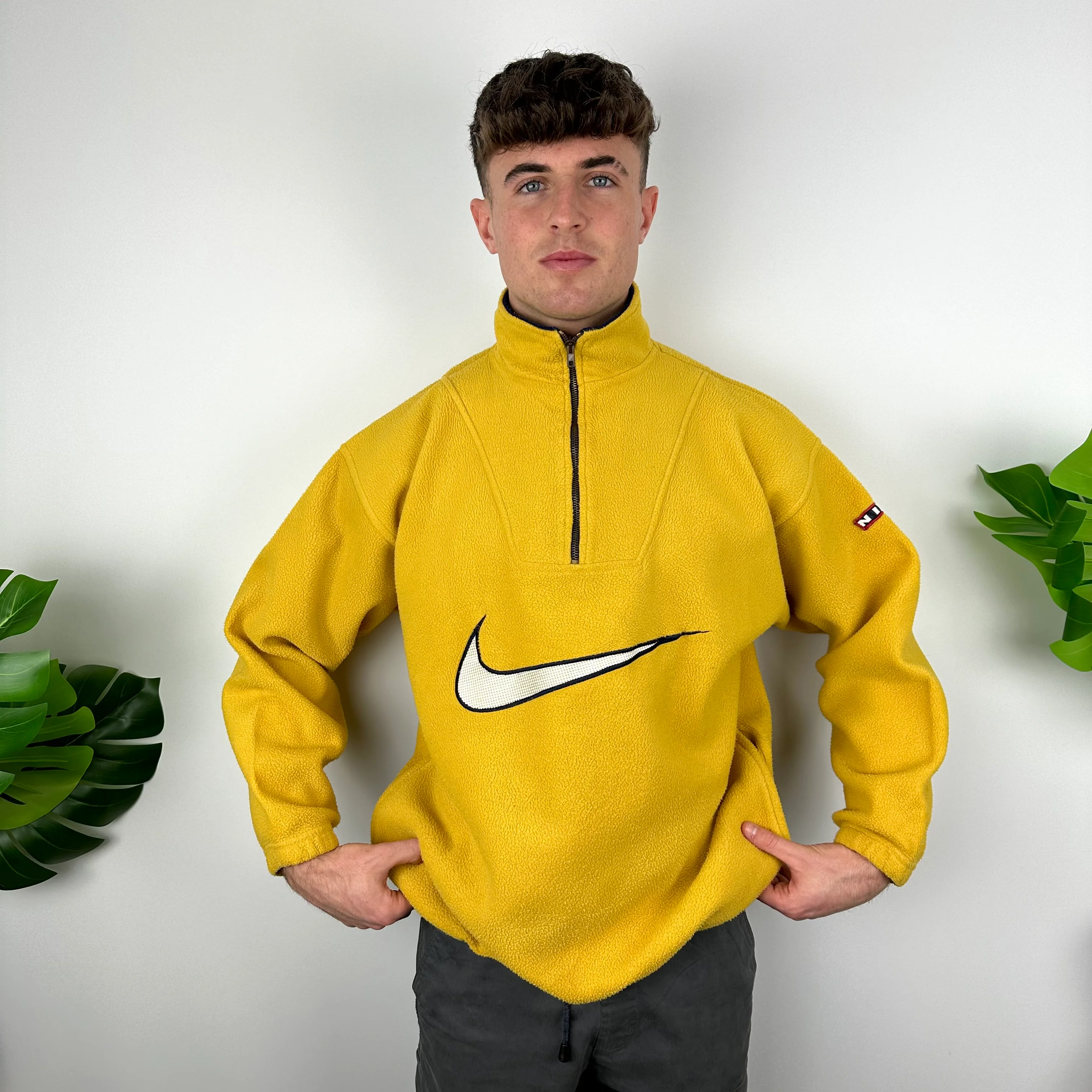 Nike Yellow Embroidered Spell Out Teddy Bear Fleece Quarter Zip Sweatshirt (L) - Image 3