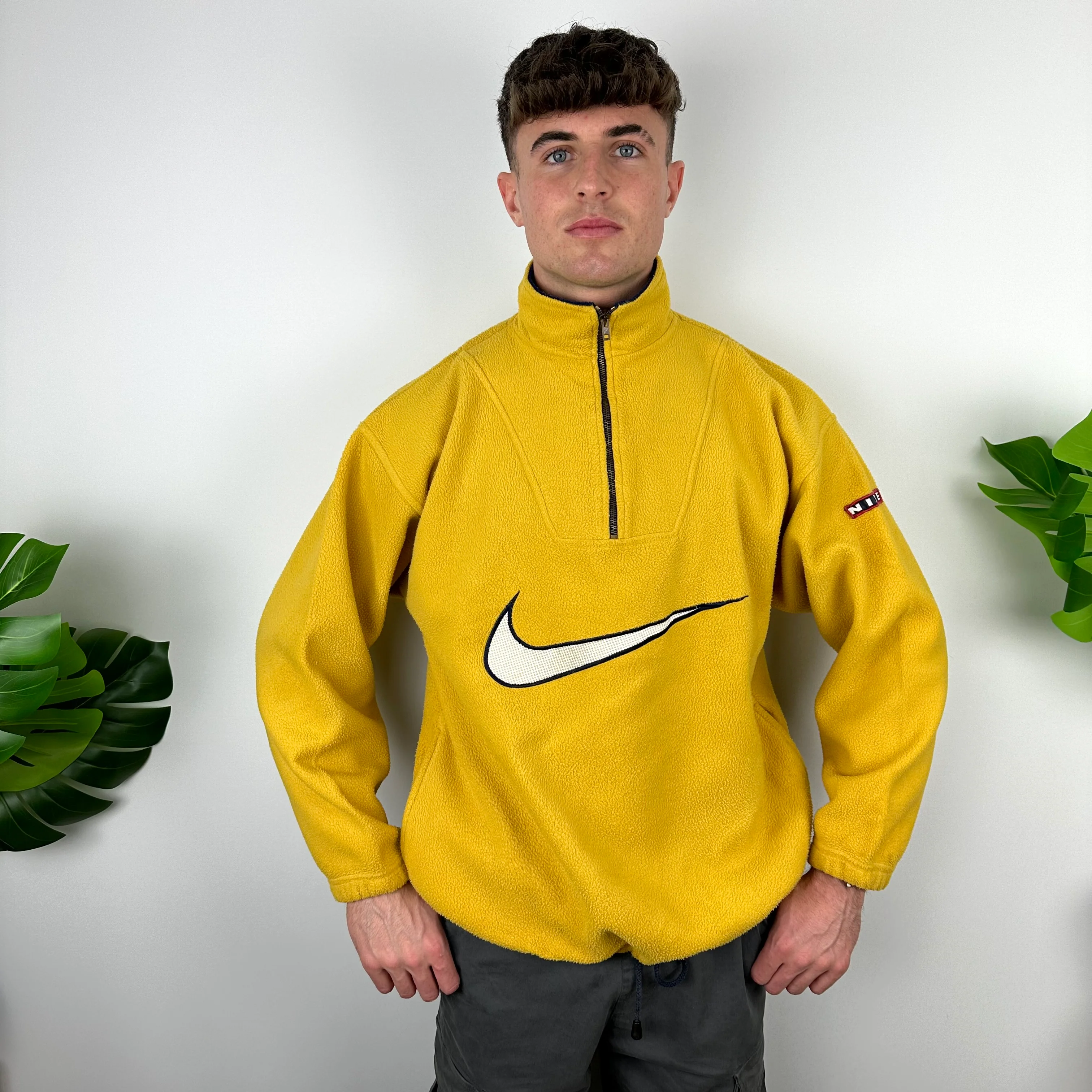 Nike Yellow Embroidered Spell Out Teddy Bear Fleece Quarter Zip Sweatshirt (L) - Image 4