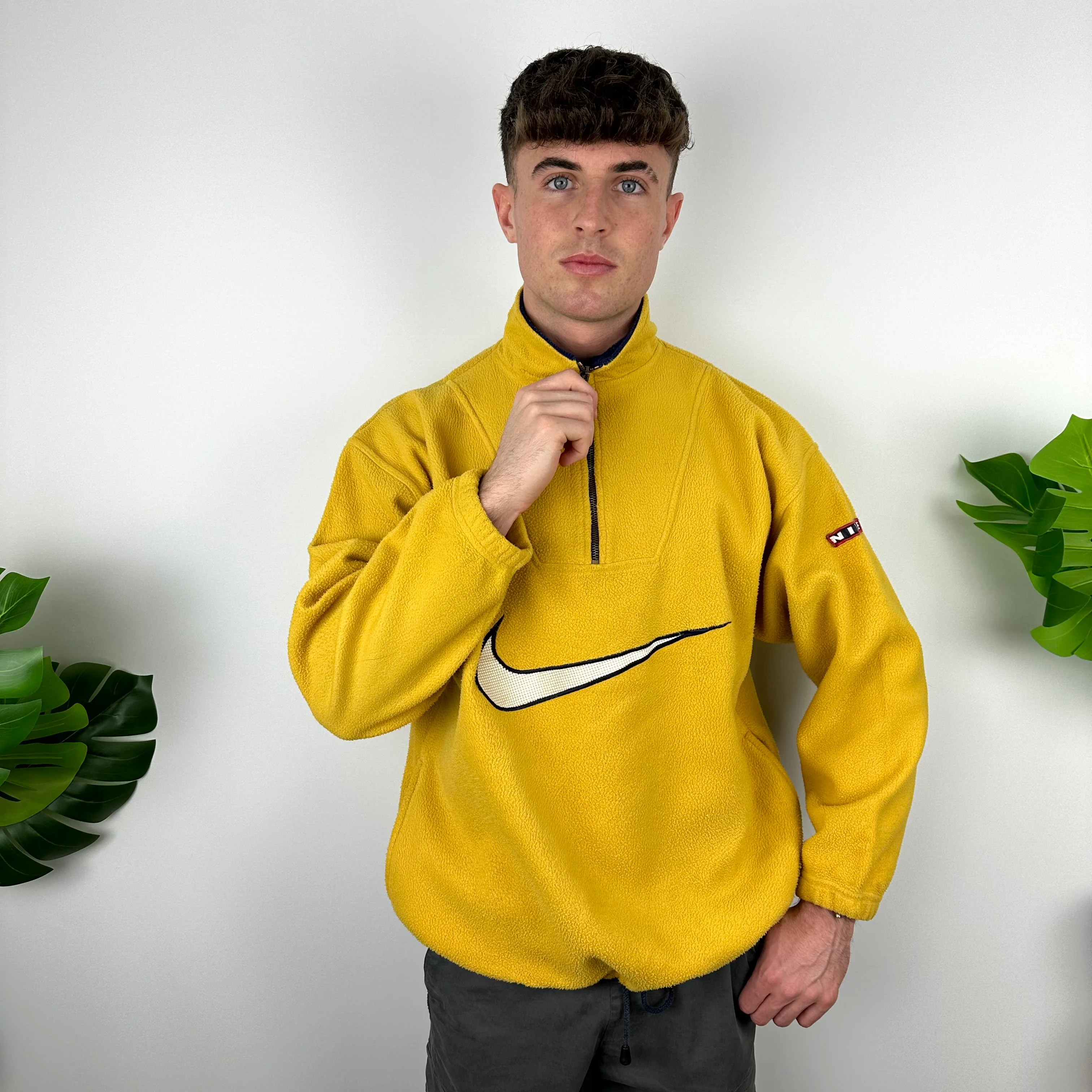 Nike Yellow Embroidered Spell Out Teddy Bear Fleece Quarter Zip Sweatshirt (L) - Image 5