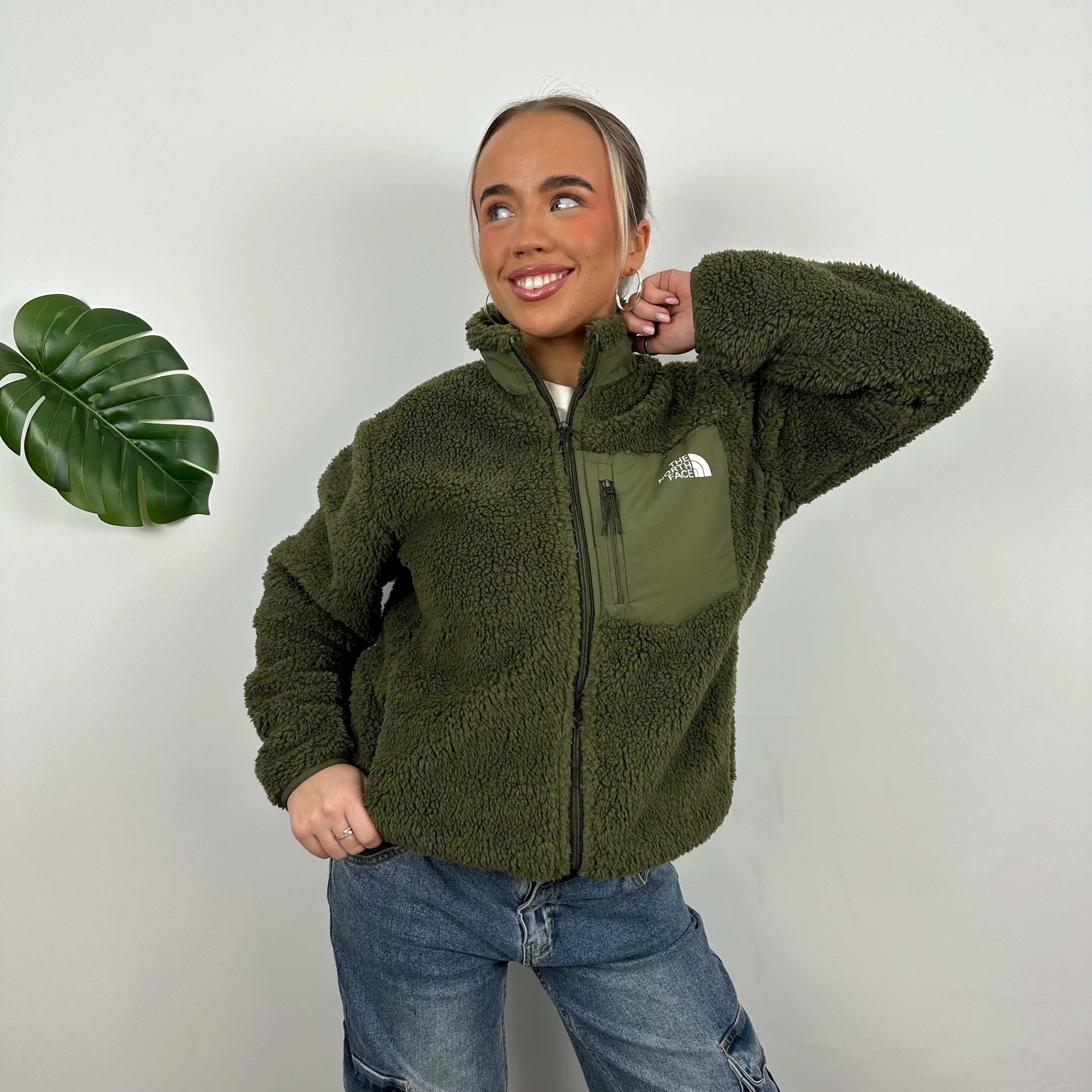 North Face Green Teddy Bear Fleece Zip Up Jacket (M) - Image 3