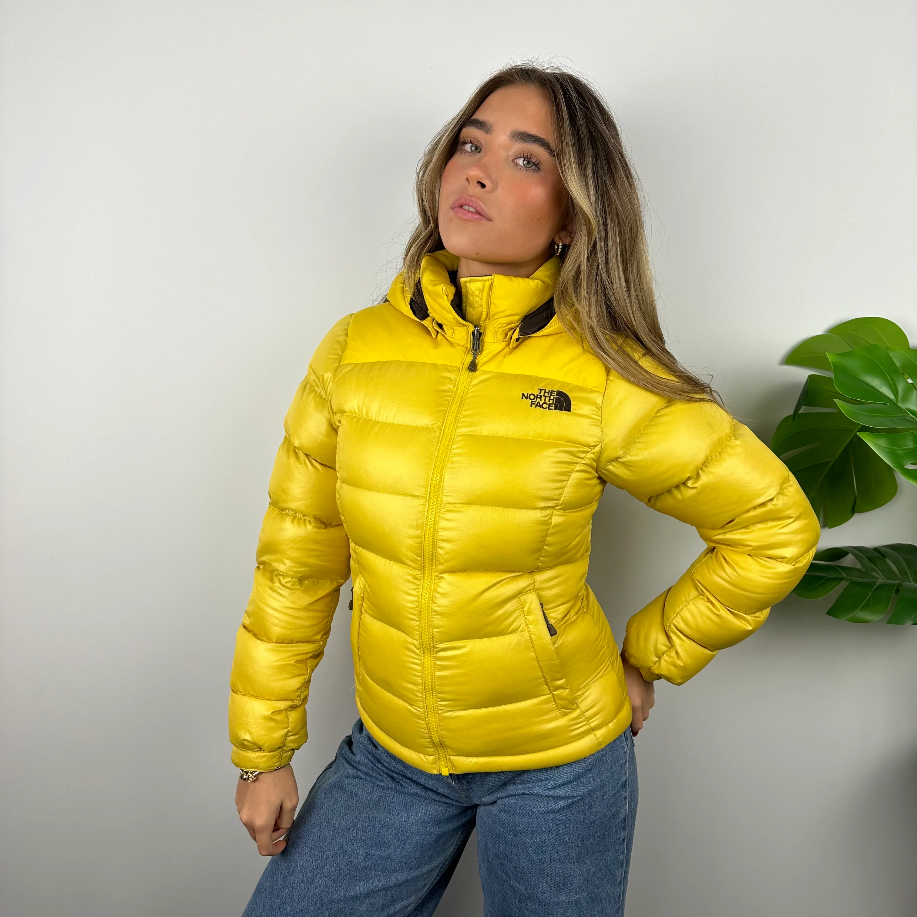 North Face Yellow Embroidered Spell Out Puffer Jacket (S) - Image 3