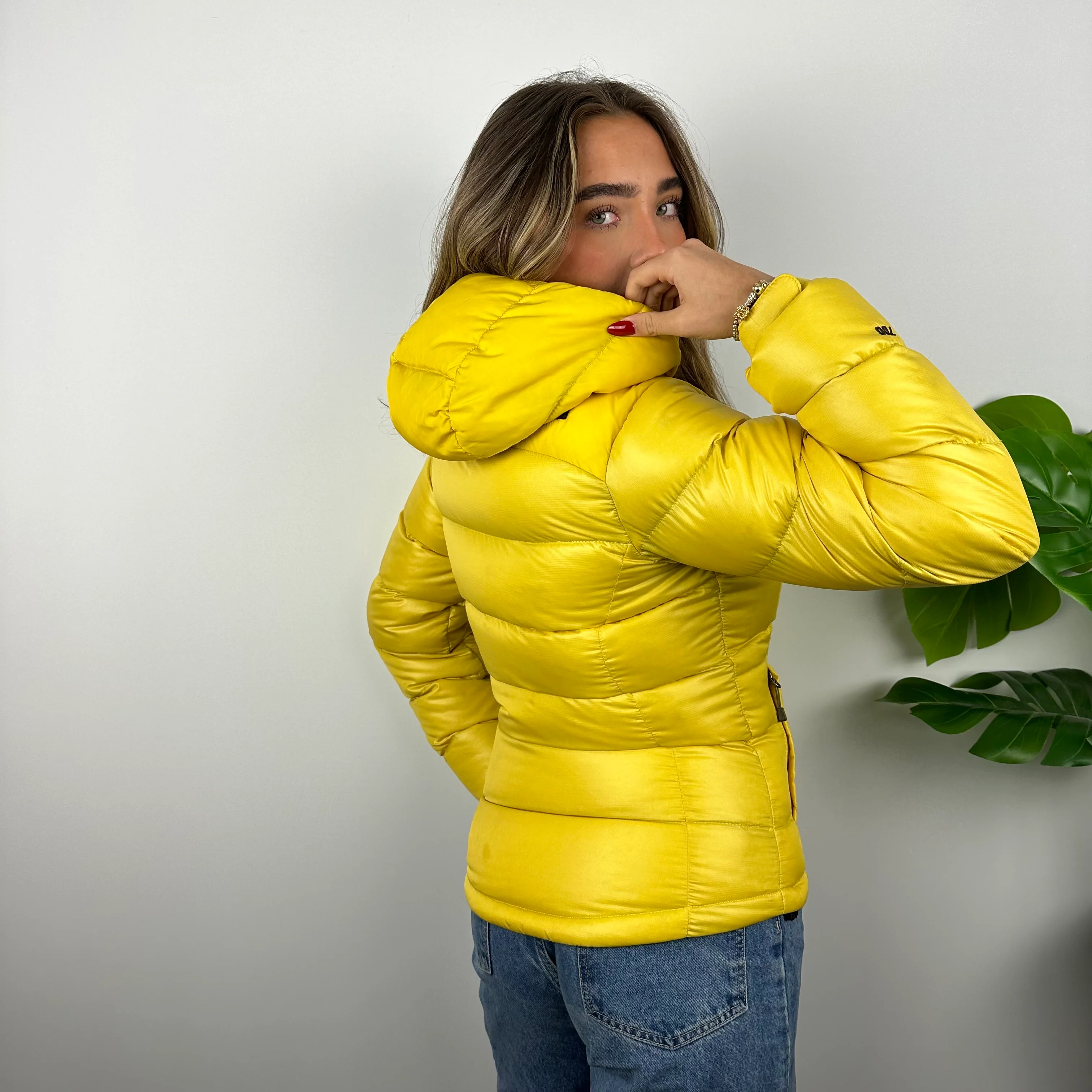 North Face Yellow Embroidered Spell Out Puffer Jacket (S) - Image 5