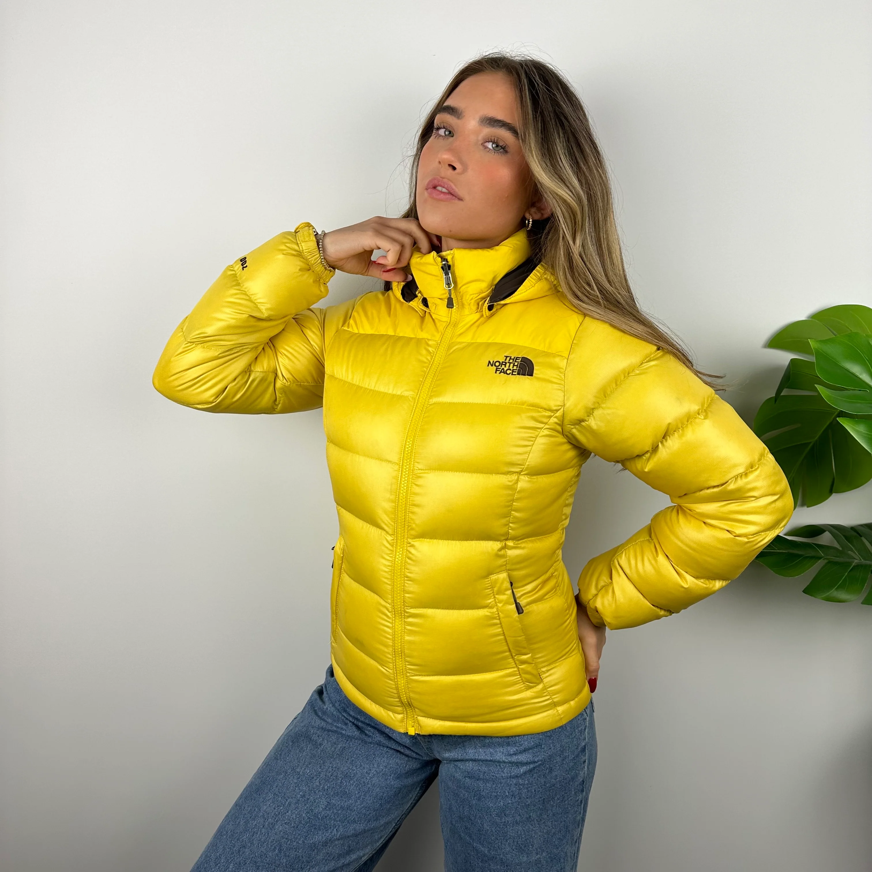 North Face Yellow Embroidered Spell Out Puffer Jacket (S) - Image 7