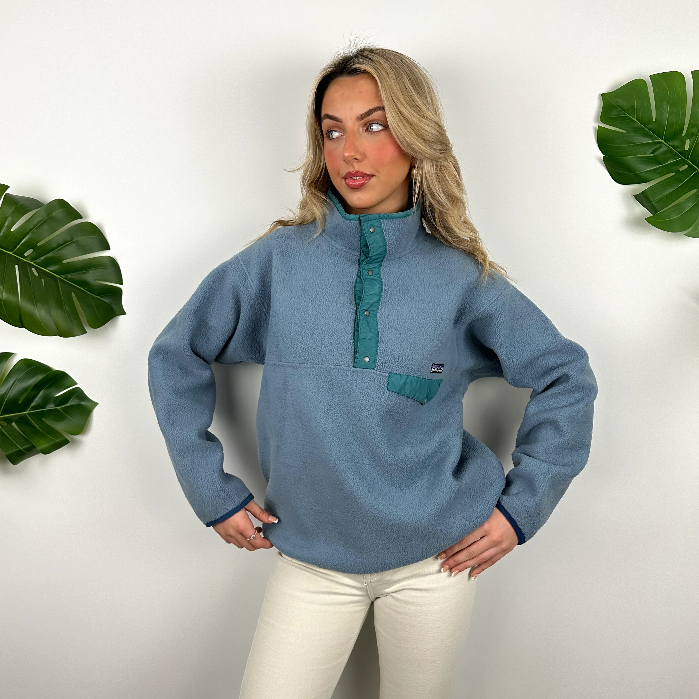 Patagonia Baby Blue Embroidered Spell Out Teddy Bear Fleece Button Sweatshirt (M) - Image 5