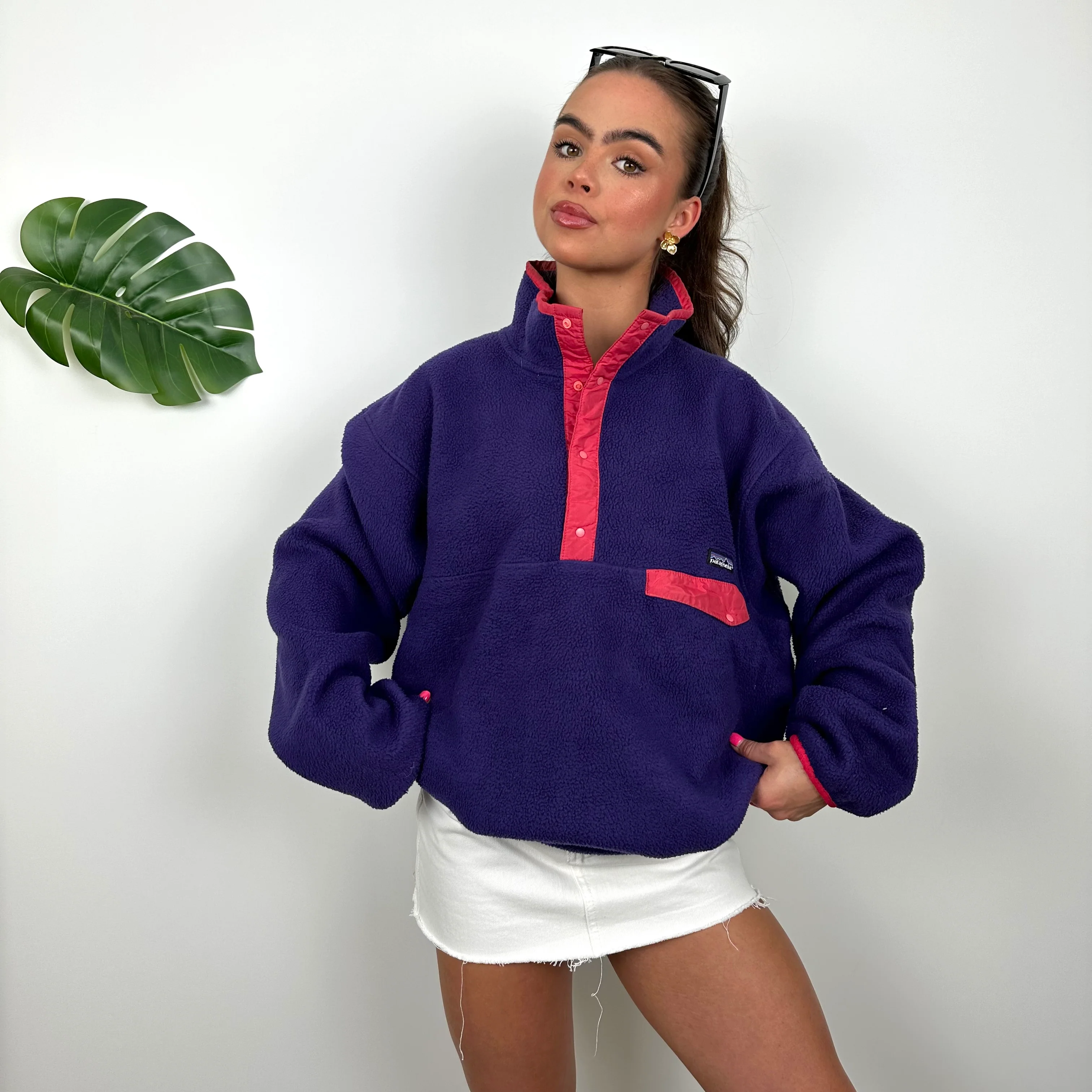 Patagonia Purple Embroidered Spell Out Teddy Bear Fleece Sweatshirt (L) - Image 3