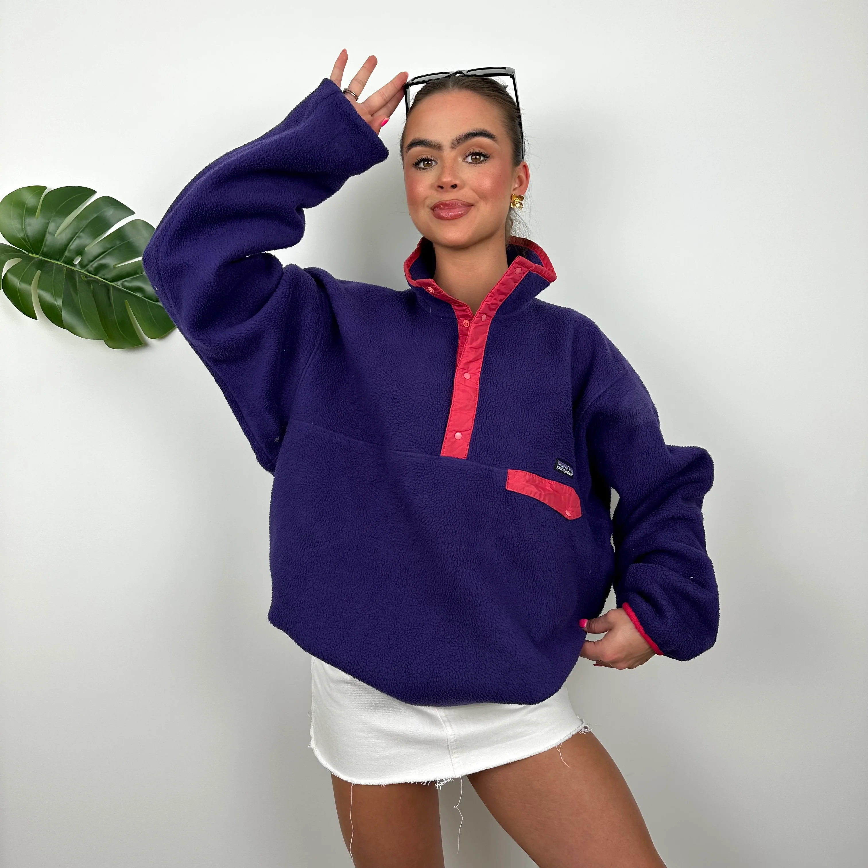 Patagonia Purple Embroidered Spell Out Teddy Bear Fleece Sweatshirt (L) - Image 5