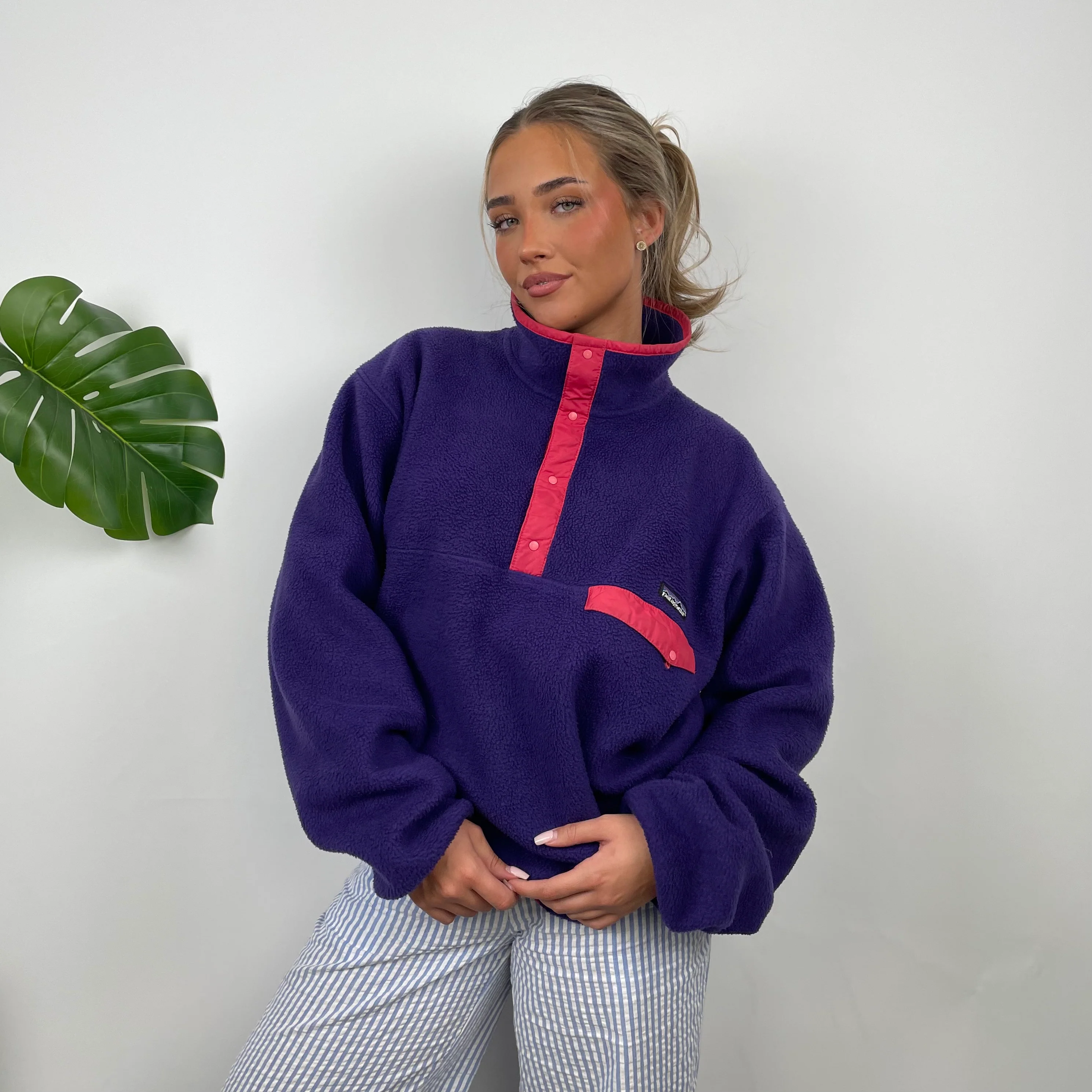 Patagonia Purple Embroidered Spell Out Teddy Bear Fleece Sweatshirt (L) - Image 2